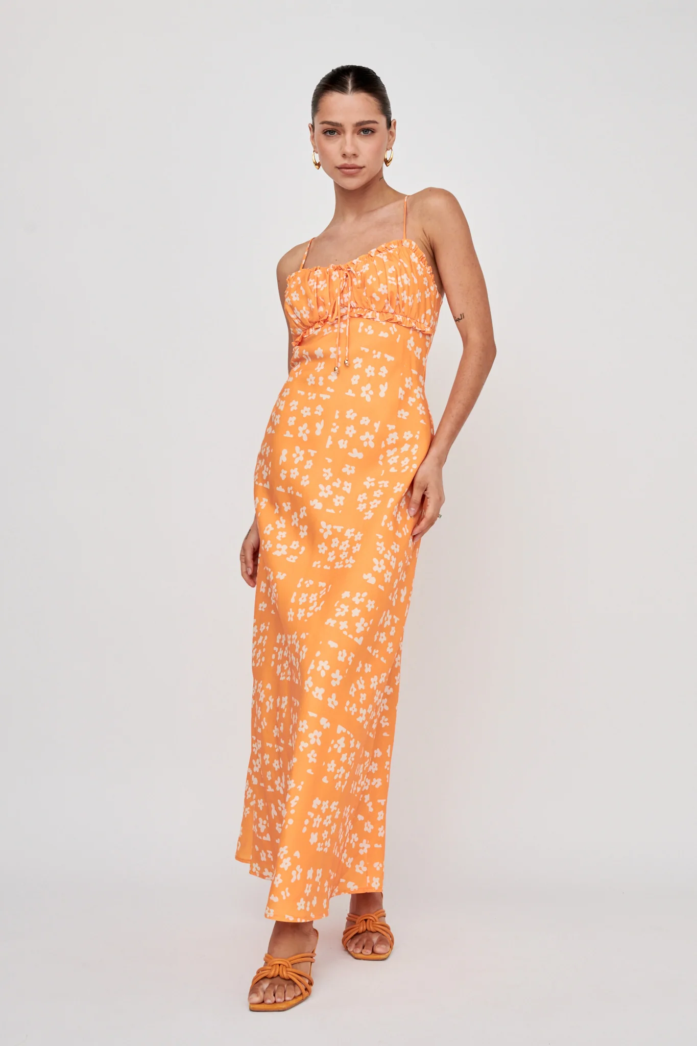 Anja Frill Trim Maxi Dress Print Orange White - Sonourner