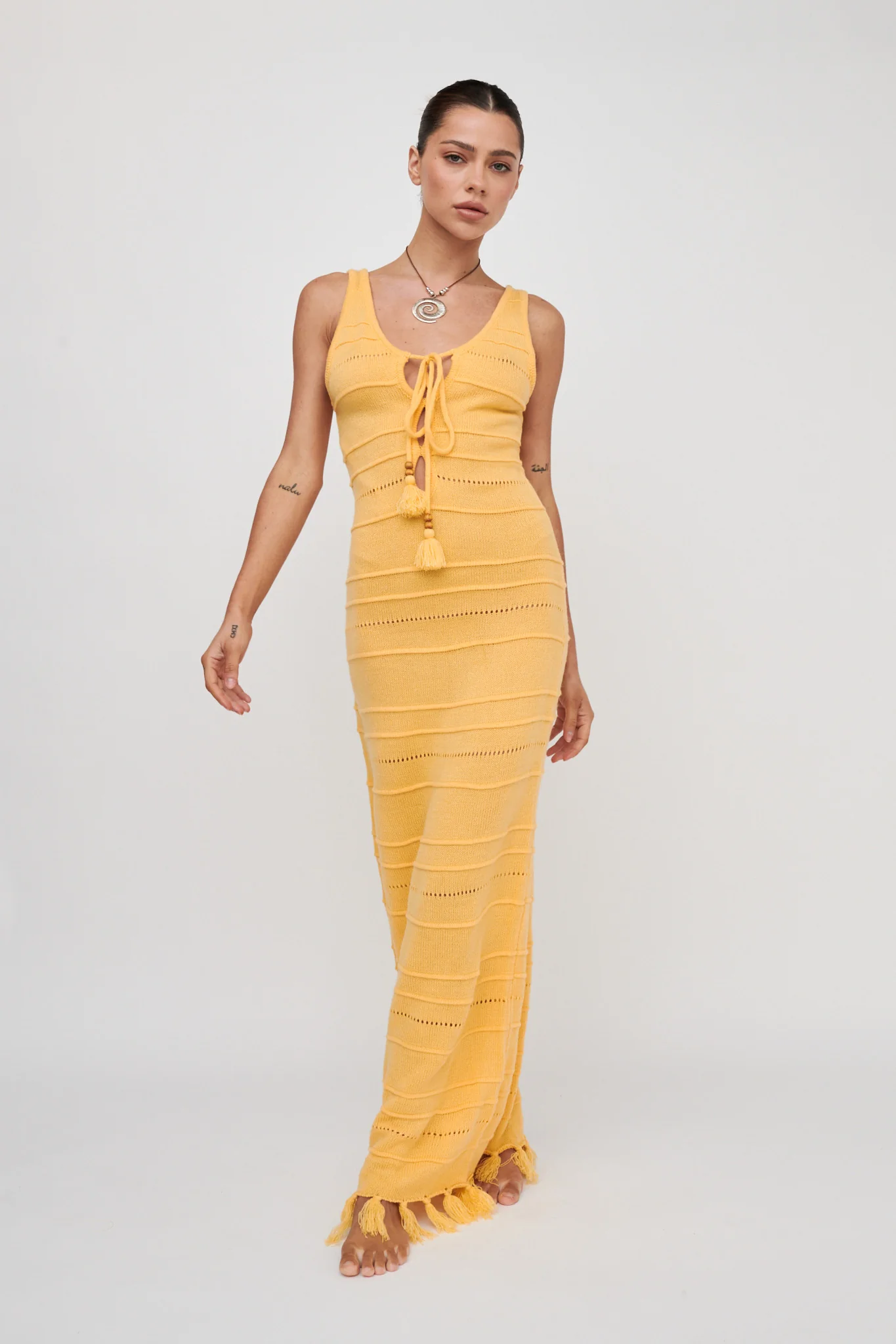 Sunlight Bust Tie Knit Maxi Dress Lemon - Sonourner