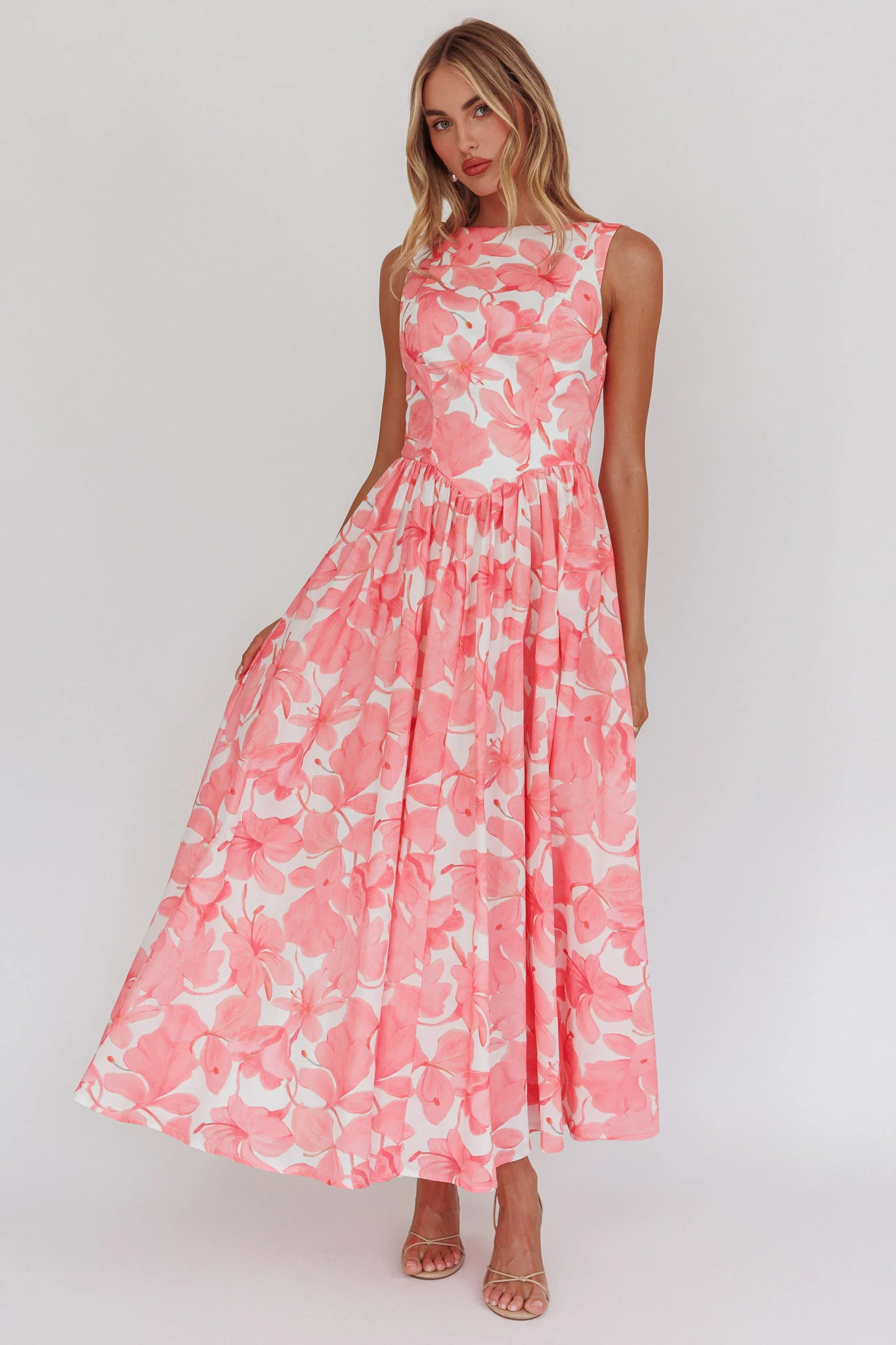 Opulent Low Back Maxi Dress Floral Pink - Sonourner