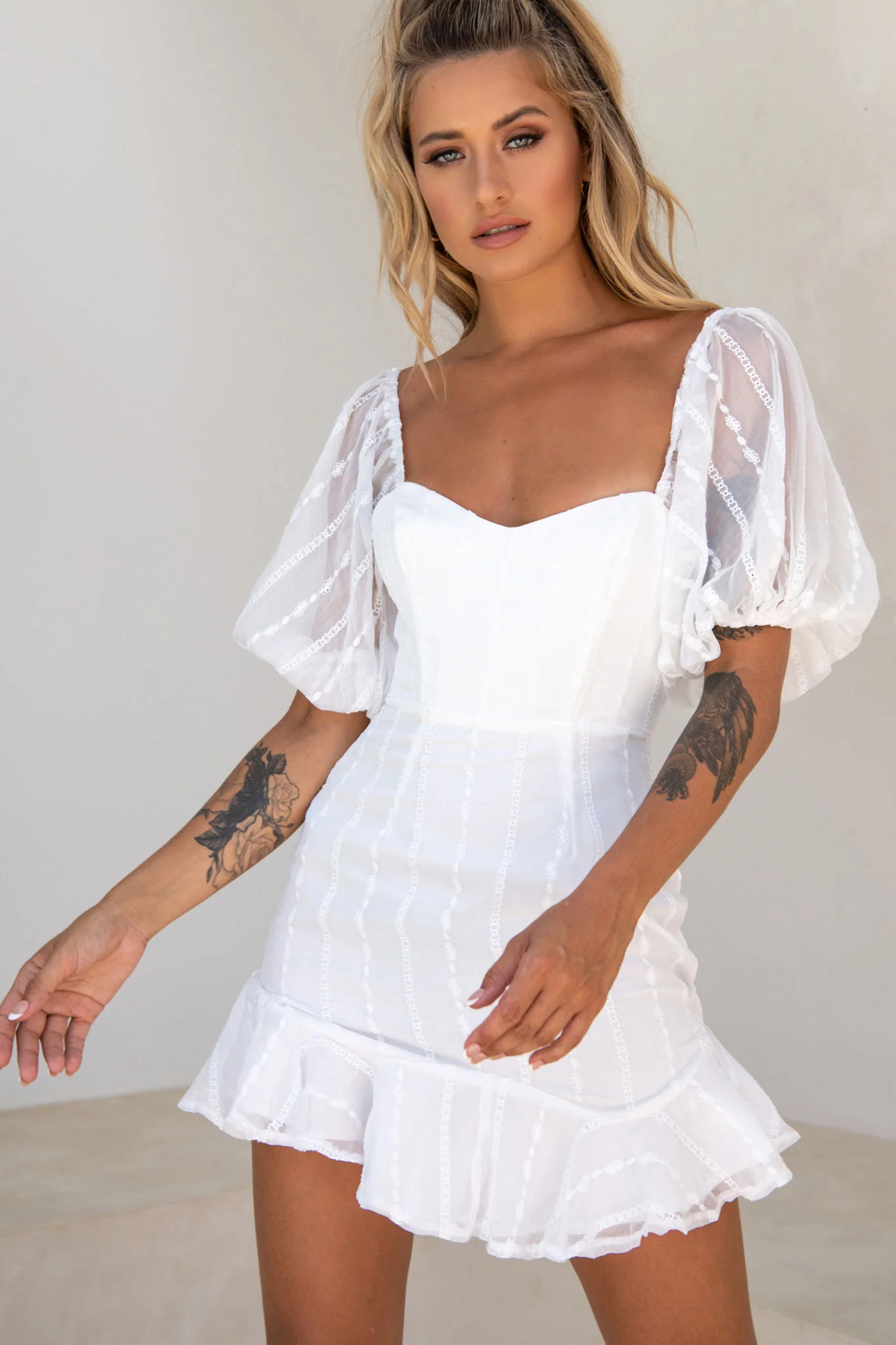 Ring My Bell Sheer Puff Sleeve Embroidery Detail Dress White - Sonourner