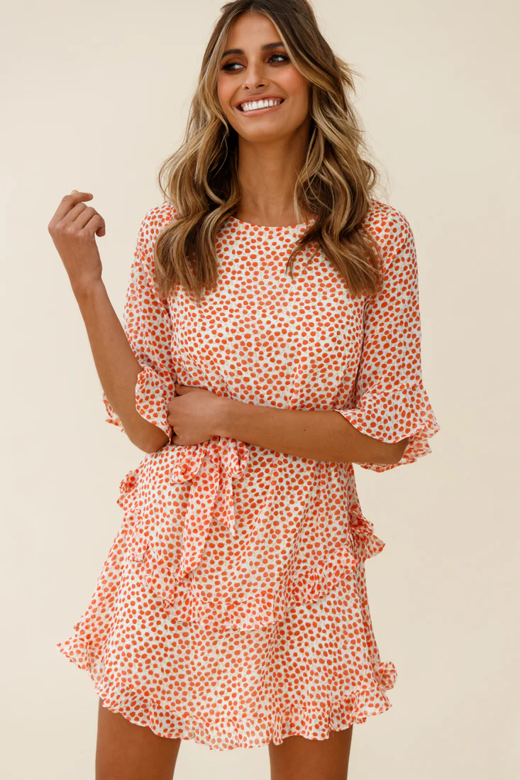 Wife Me Crew Neck Ruffle Insert Dress Polka Dot Orange - Sonourner