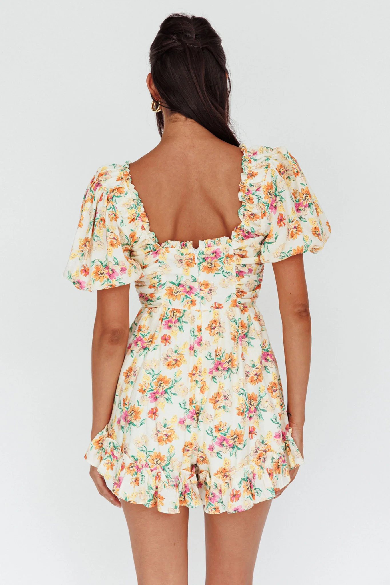 Costa Rica Puff Sleeve Romper Floral Beige - Sonourner