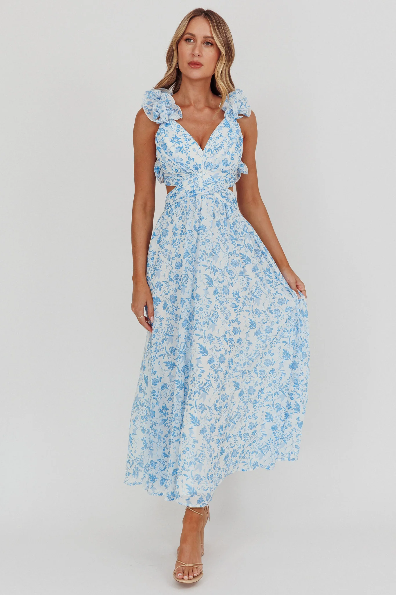 Madara Lace-Up Back Maxi Dress Flowers Blue - Sonourner