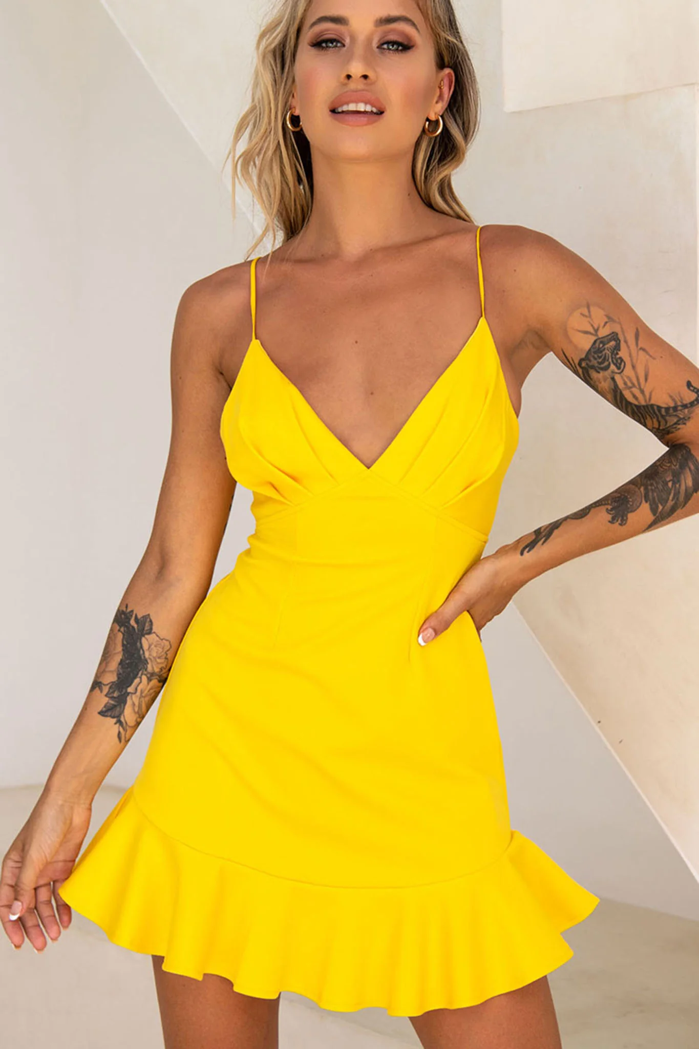 Chicago Pleated Bust Cami Strap Dress Yellow - Sonourner
