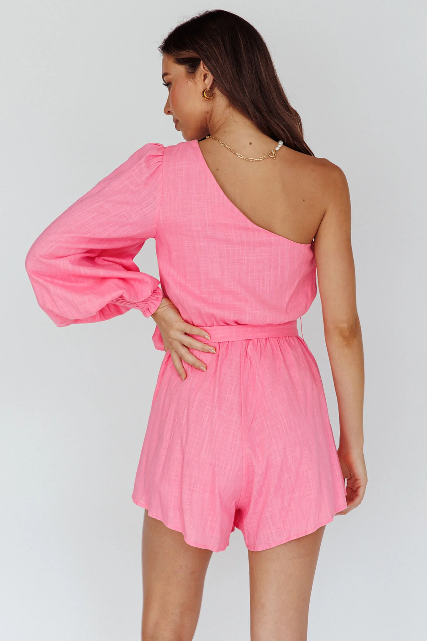 Summer Lover One-Shoulder Long Sleeve Romper Pink - Sonourner