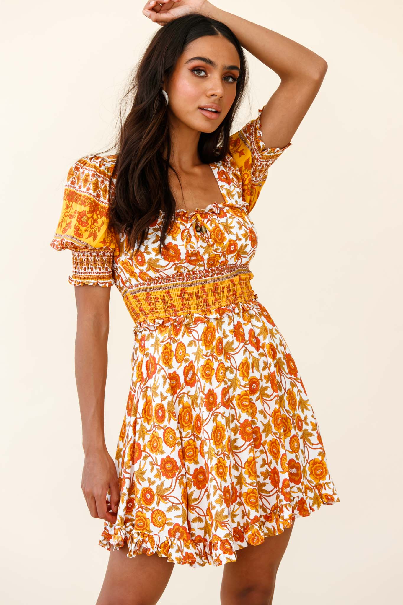 Summer In Paris Puff Sleeve Open Back Dress Floral Print Mustard Multi - Sonourner
