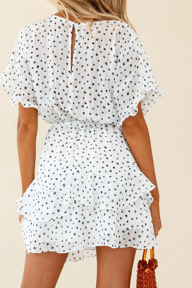 Mollina Frill Sleeve Layered Hem Dress Spot Print White - Sonourner