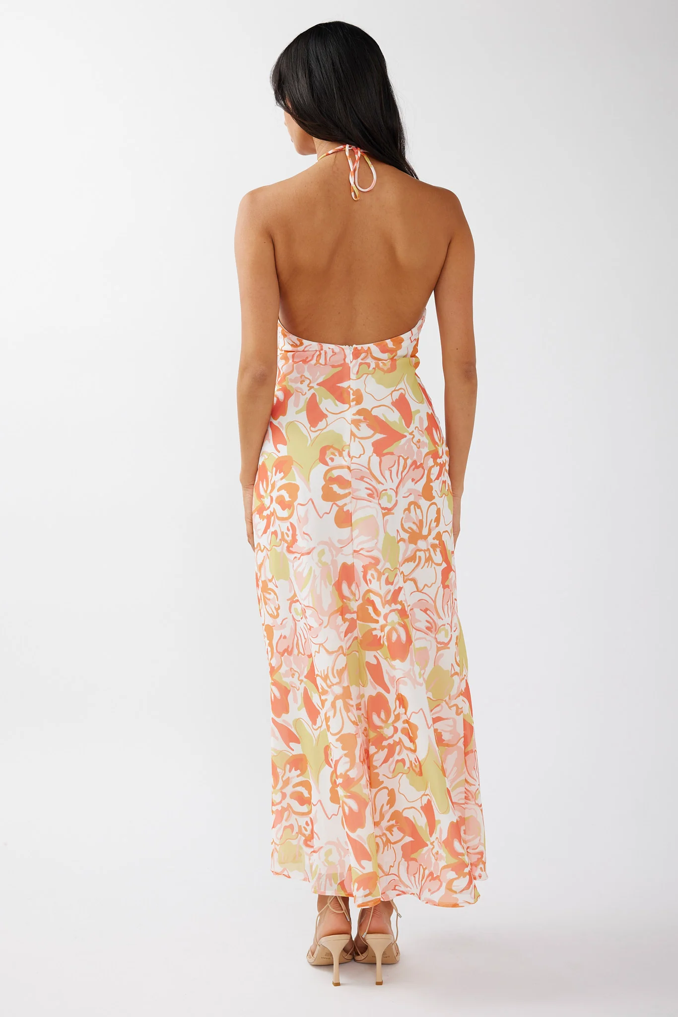 Nirvana Halterneck Split Midi Dress Floral Orange - Sonourner