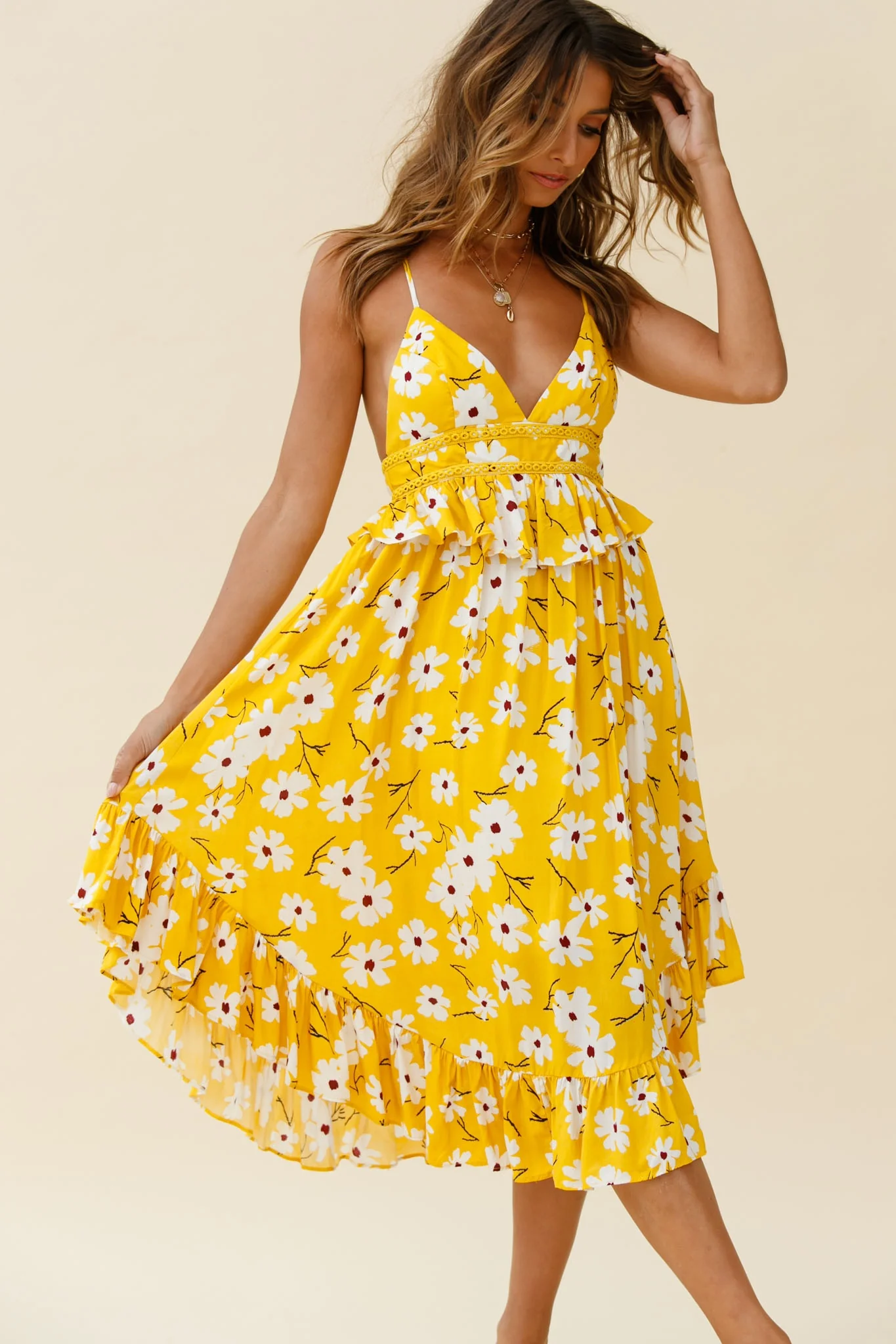 Marigold Peplum Midi Ruffle Dress Floral Print Yellow - Sonourner