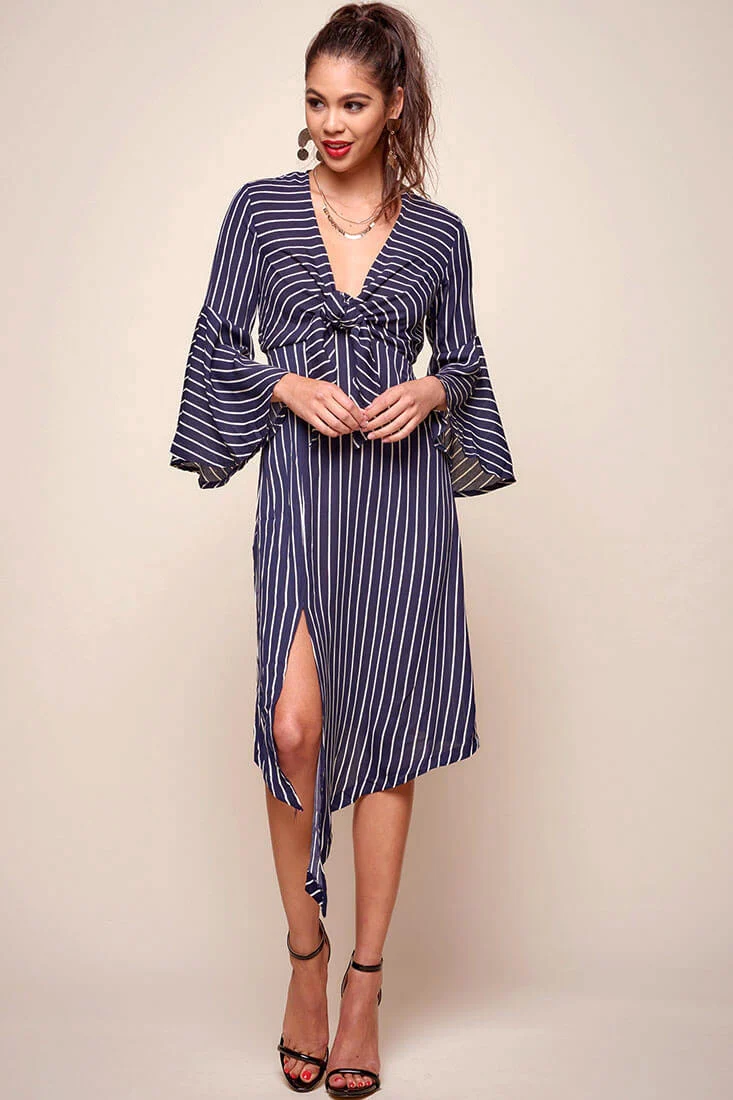 Jaedyn Waist Tie Bell Sleeve Dress Navy - Sonourner