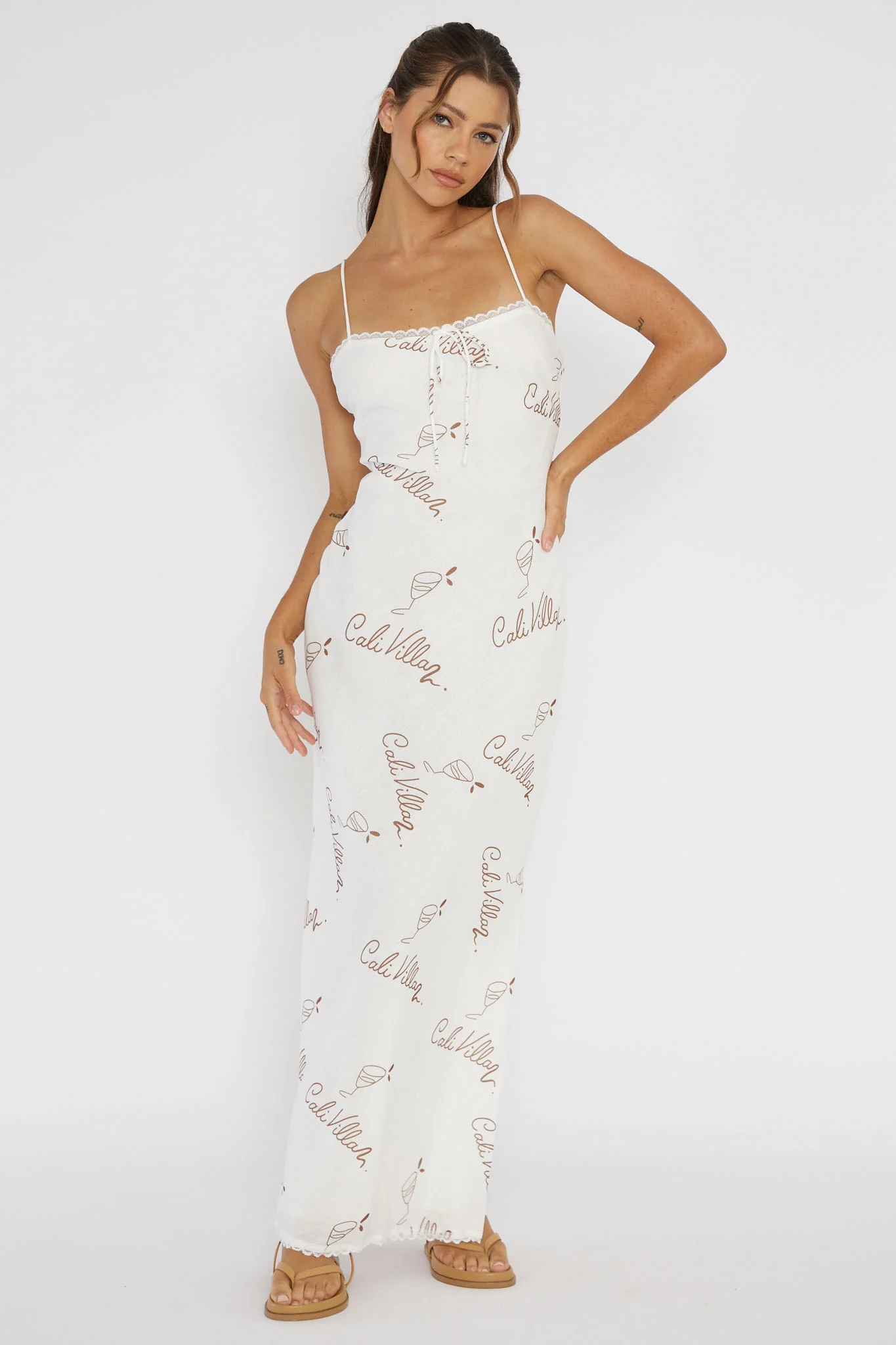 Cali Sunset Lace Trim Maxi Dress Print Tan - Sonourner