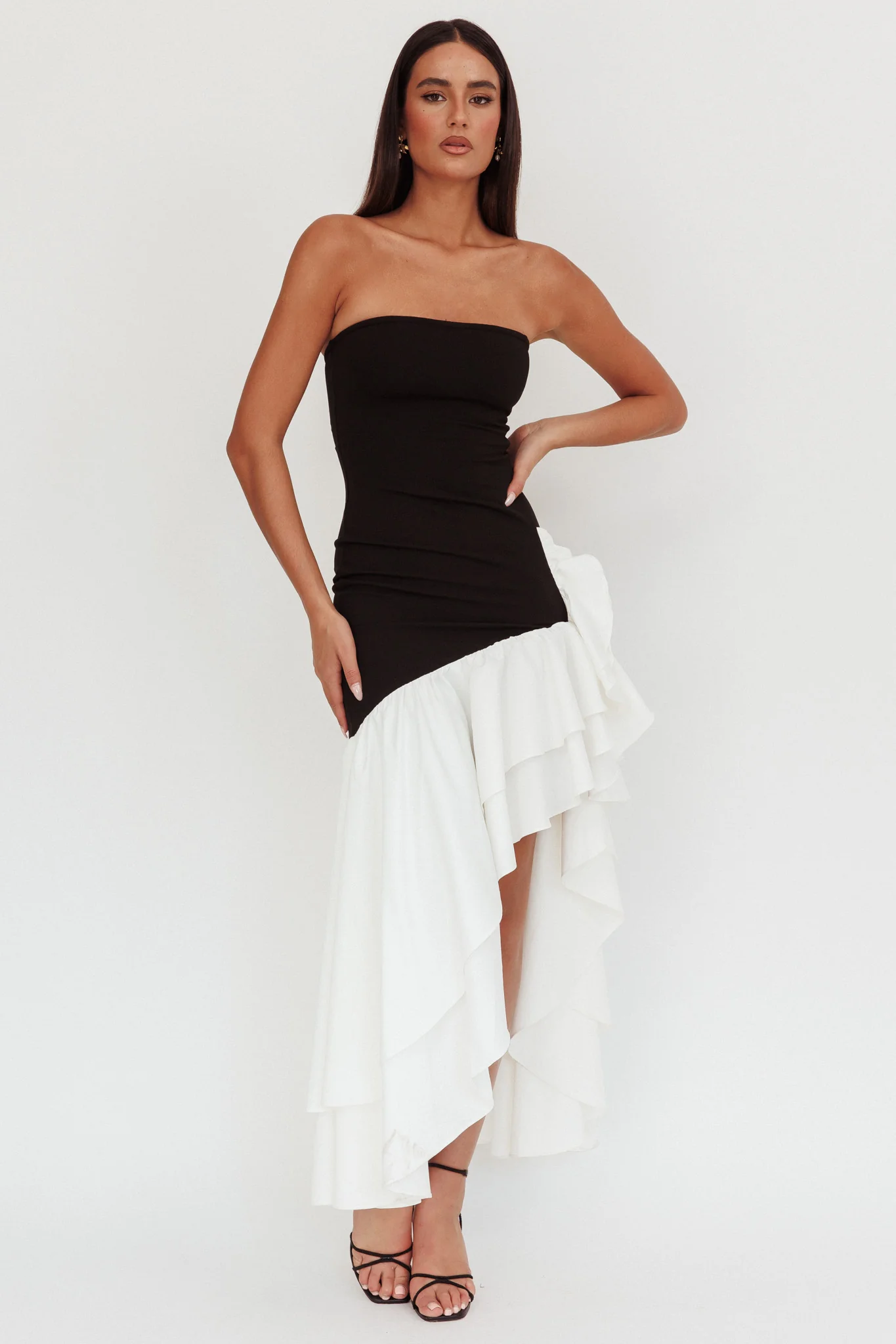 Cha Cha Strapless Thigh Split Dress Black/White - Sonourner