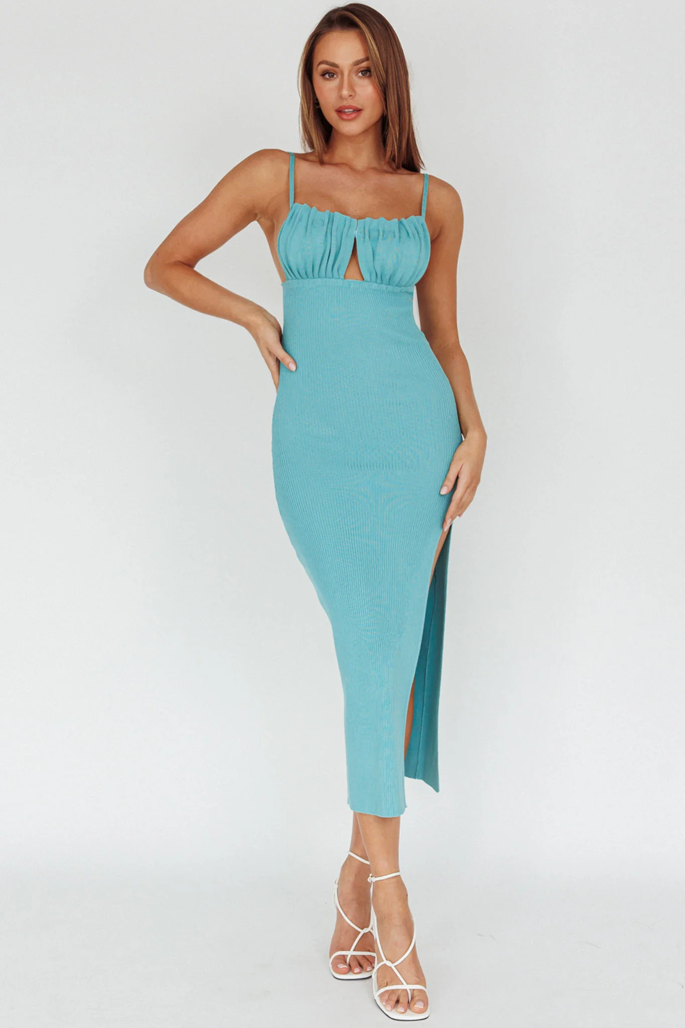 Jelina Gathered Bust Knit Midi Dress Teal - Sonourner