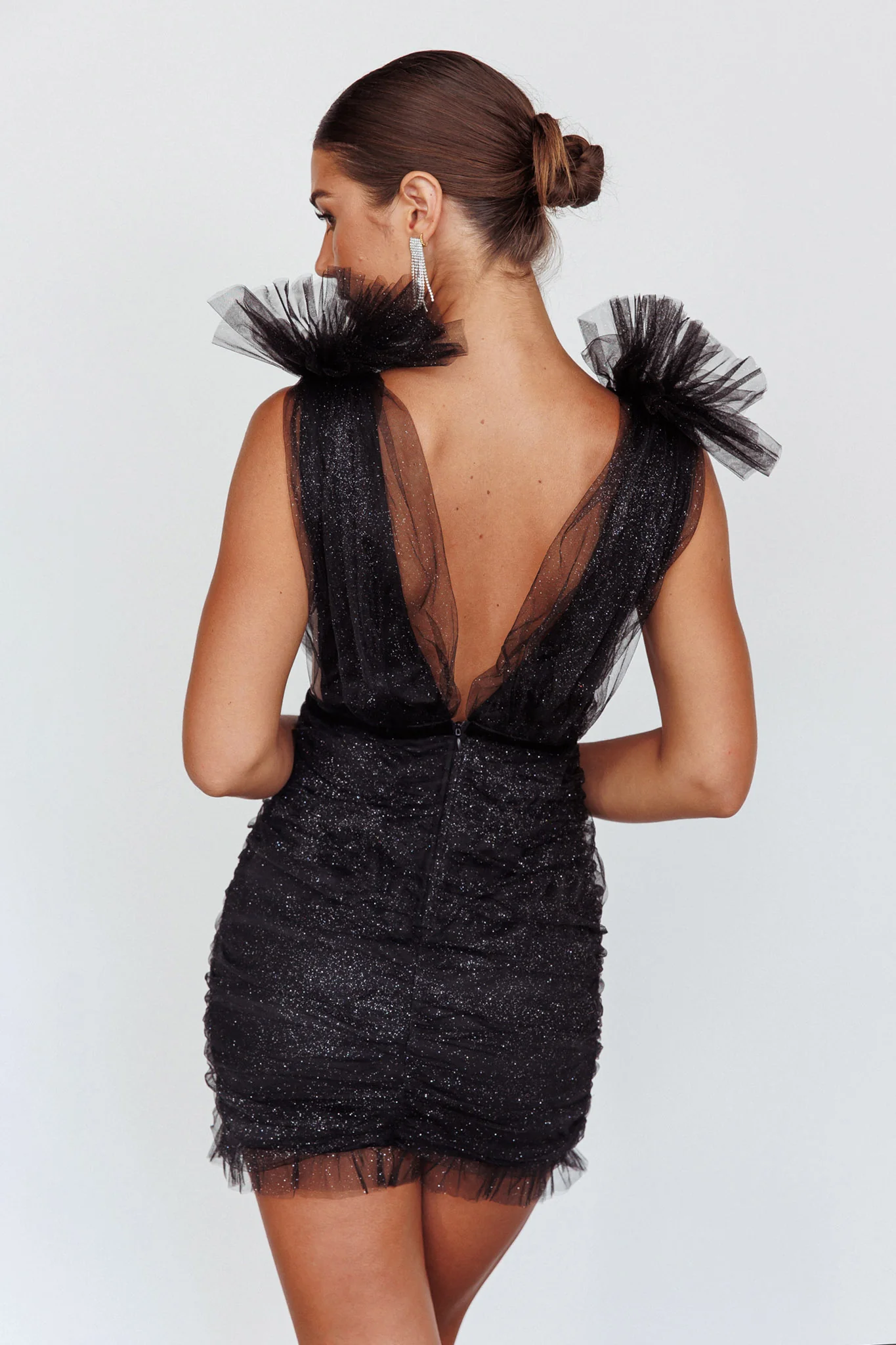 Ludivine Shoulder Accent Mesh Mini Dress Black Glitter - Sonourner