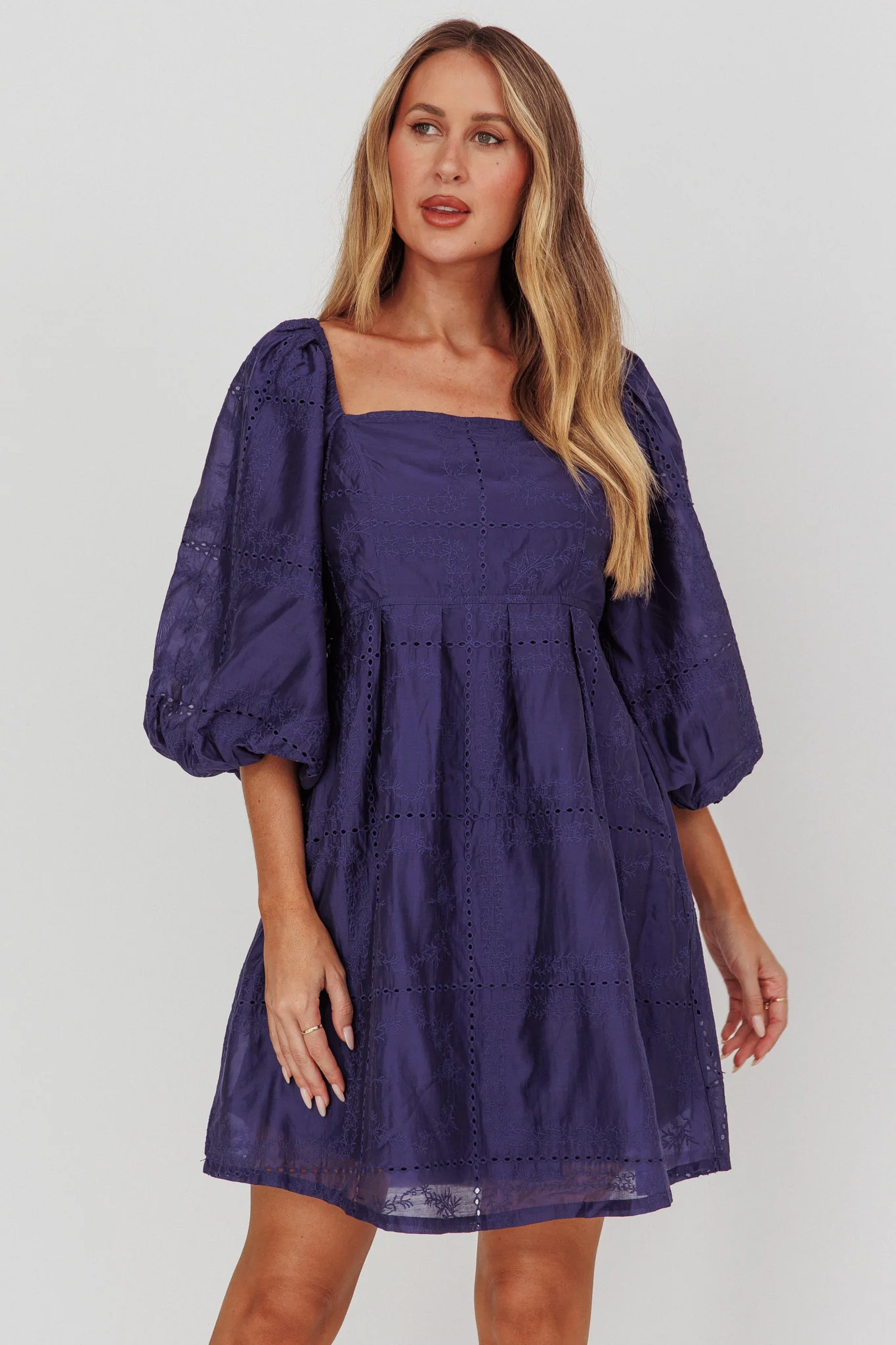 Summerlin Puff Sleeve Eyelet Mini Dress Navy - Sonourner