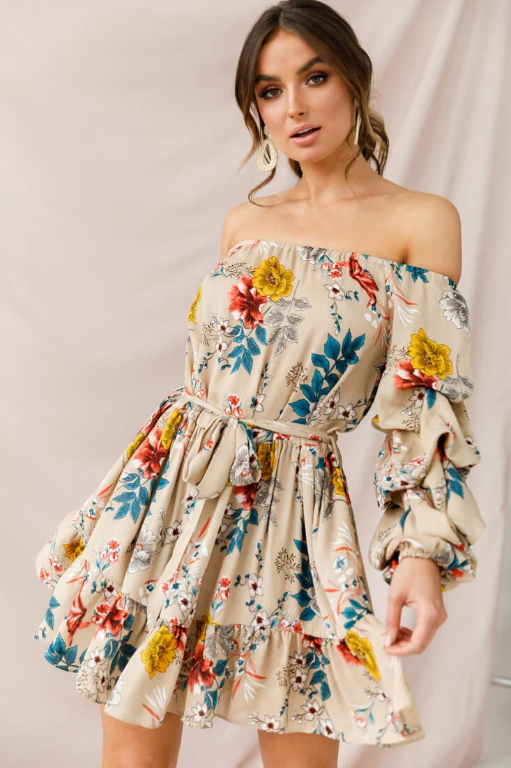 Frida Off-Shoulder Waist Tie Dress Beige - Sonourner