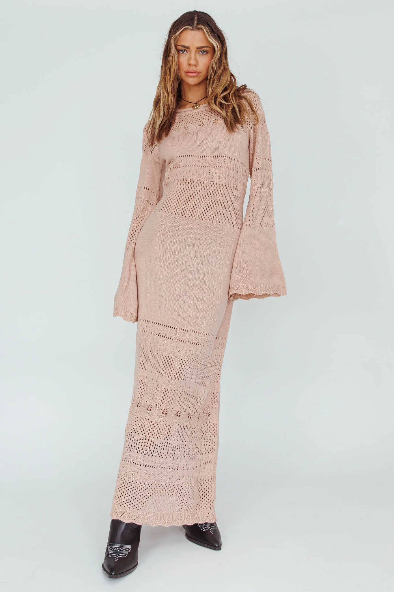 Gail Long Sleeve Crochet Maxi Dress Blush - Sonourner