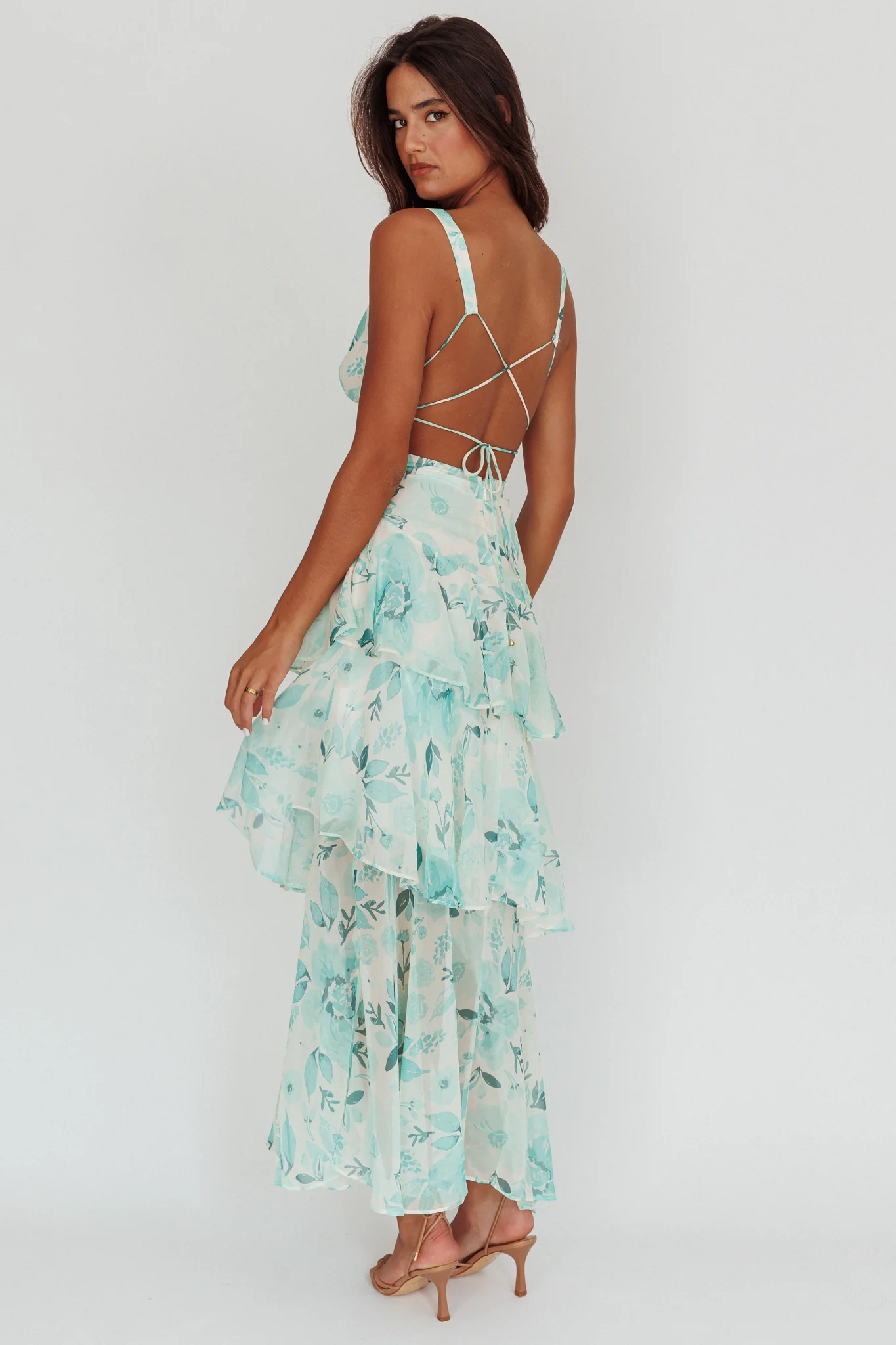 Veda Strappy Back Ruffle Maxi Dress Floral Green - Sonourner