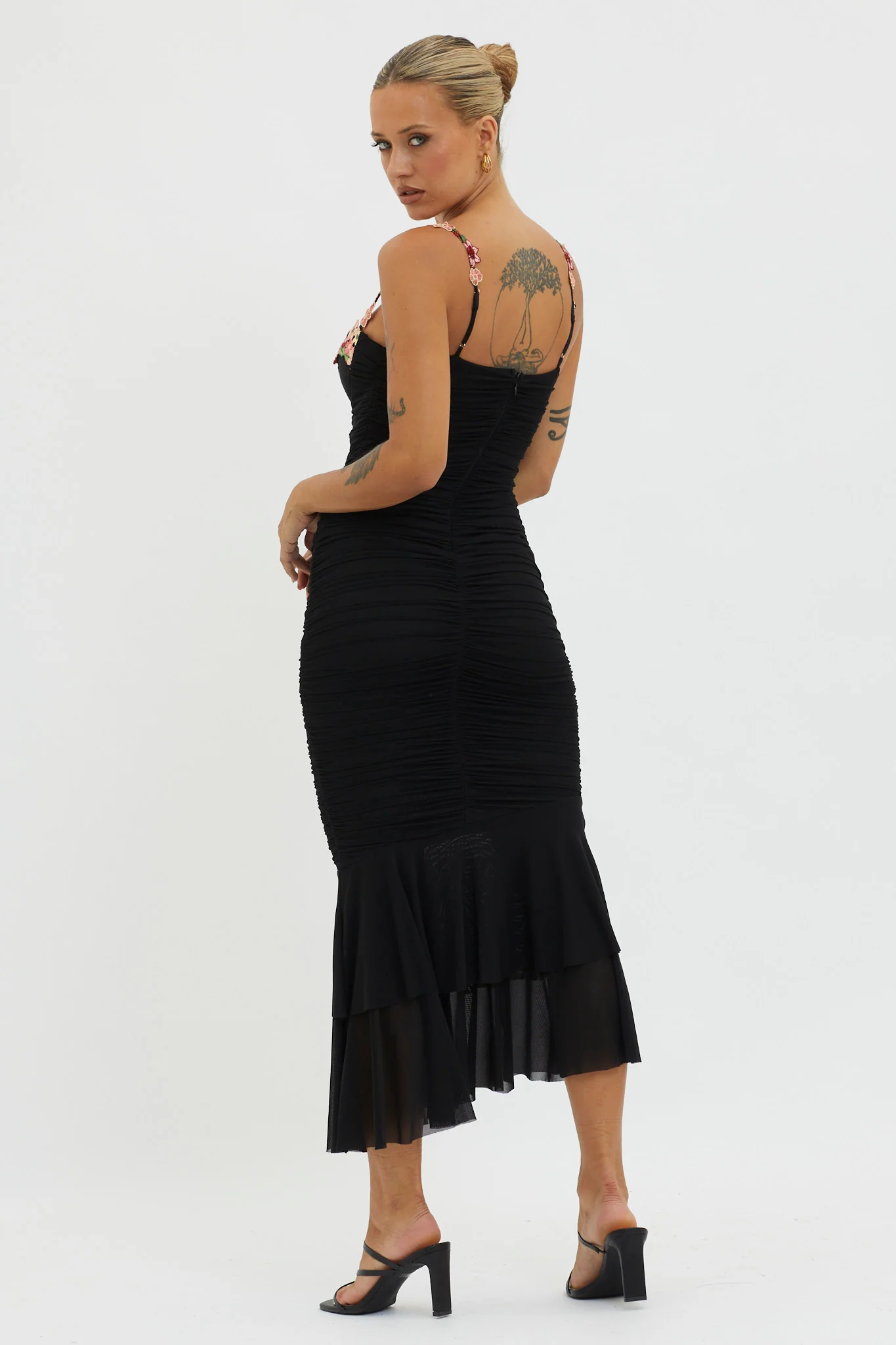 Rose Garden Ruched Mesh Midi Dress Black - Sonourner