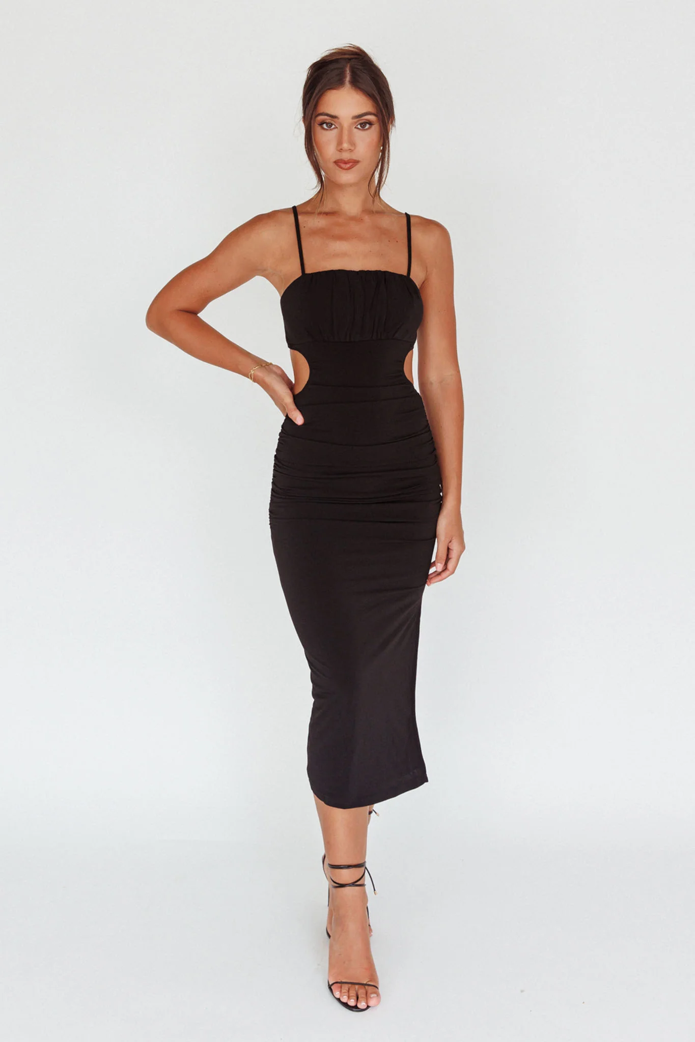 Mary Jane Gathered Bust Tie Back Midi Dress Black - Sonourner