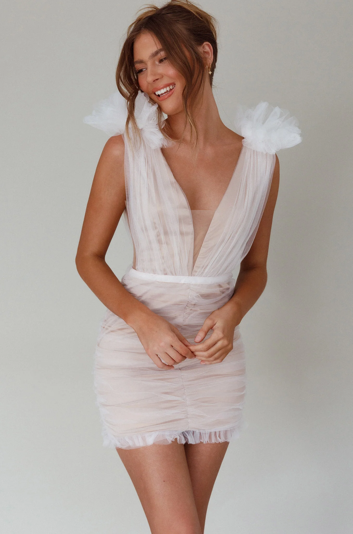 Ludivine Shoulder Accent Mesh Mini Dress White - Sonourner