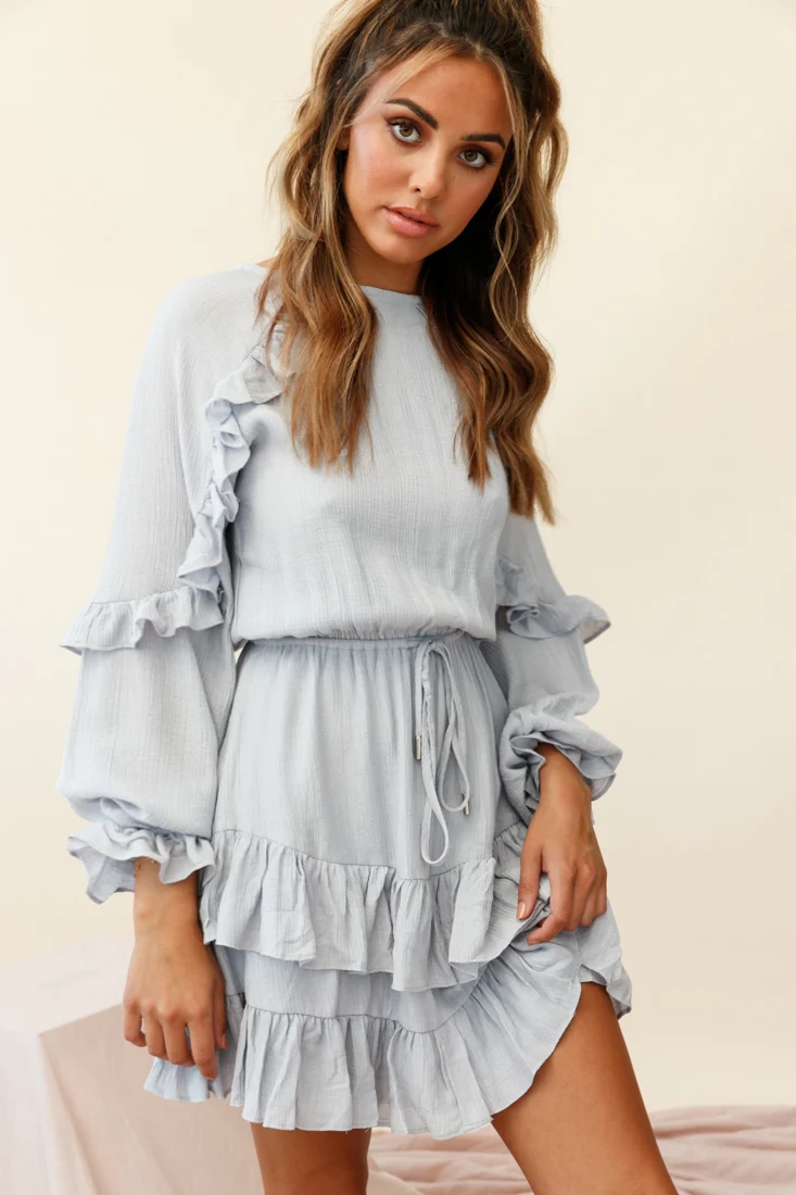 Best Wishes Long Sleeve Frill Detail Dress Grey - Sonourner