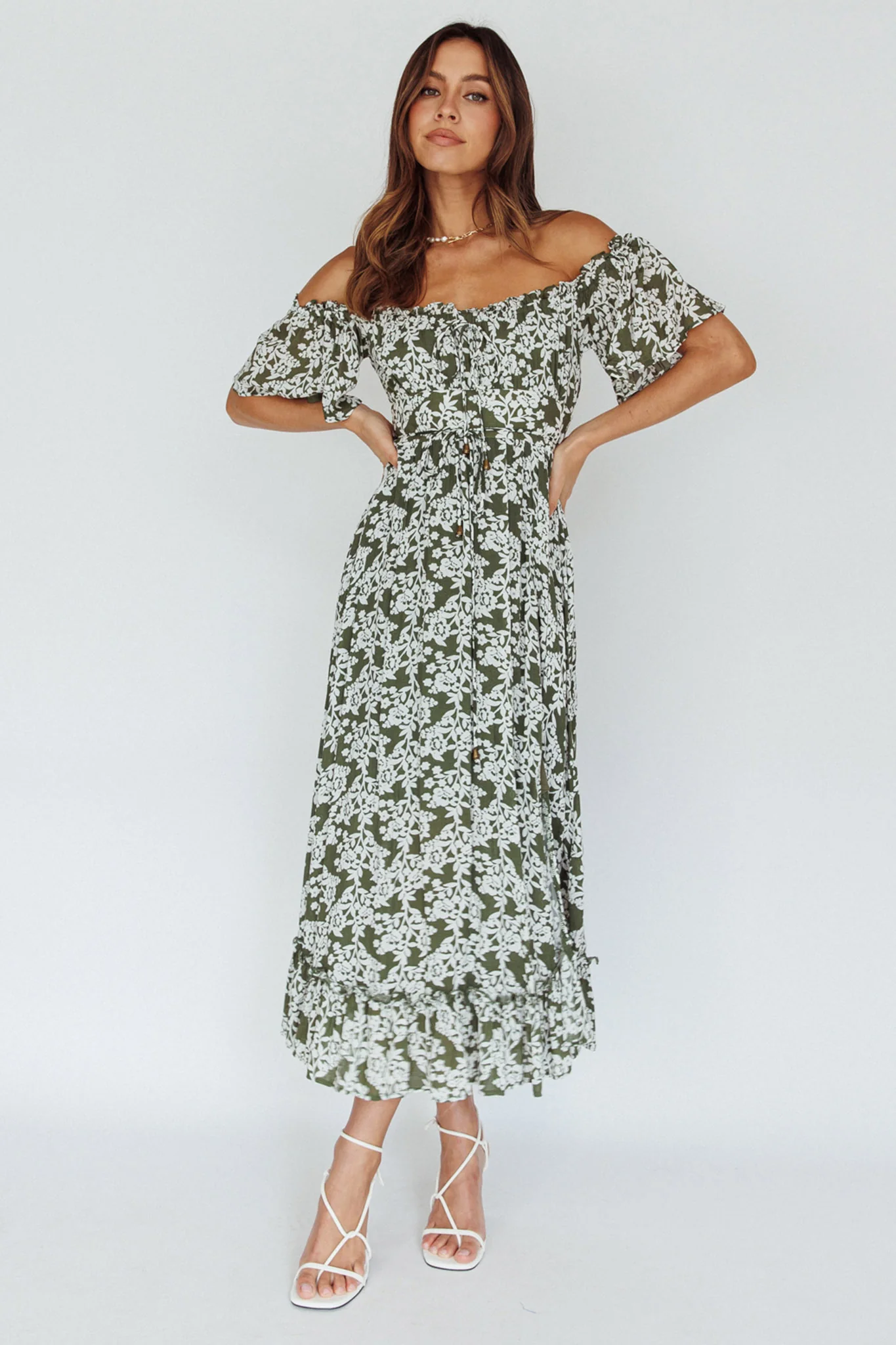 Voyager Off-Shoulder Bell Sleeve Midi Dress Floral Green - Sonourner