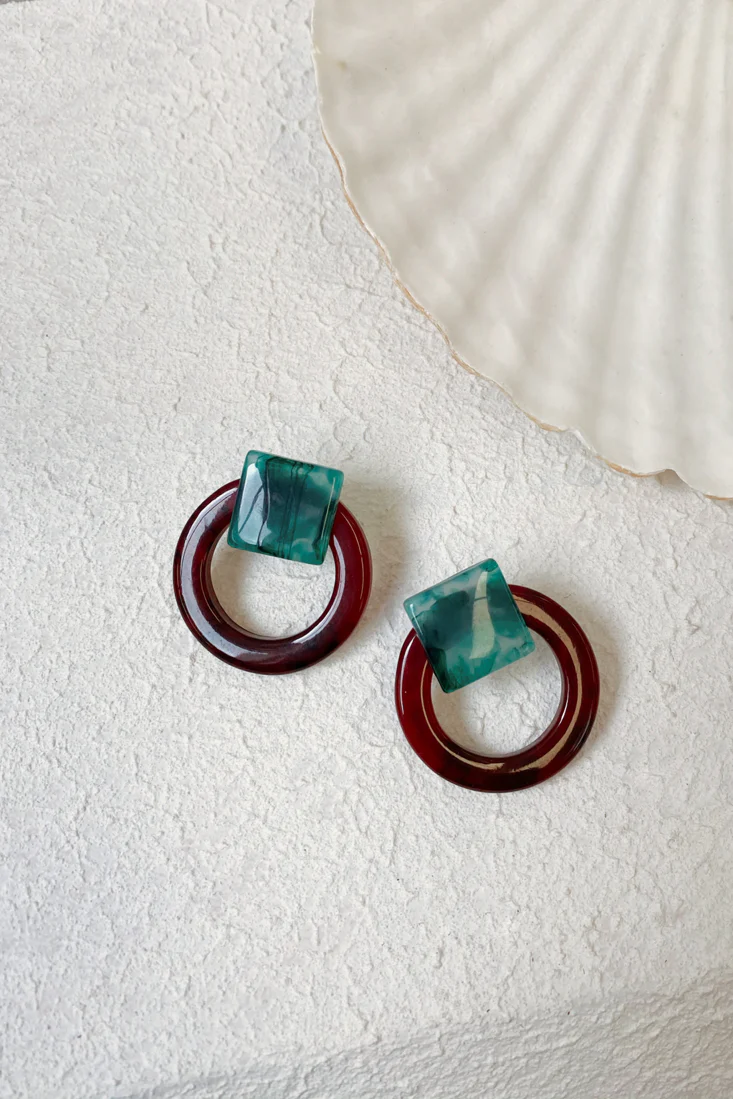 Endearing Marbled Square Circle Earrings Brown - Sonourner