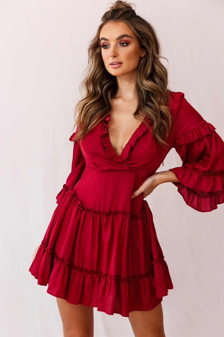 Albany Bell Sleeve Frill Dress Wine - Sonourner