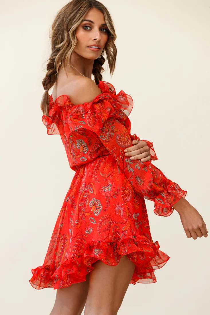 Rhiannon Off-Shoulder Lettuce Frill Dress Floral Print Red - Sonourner