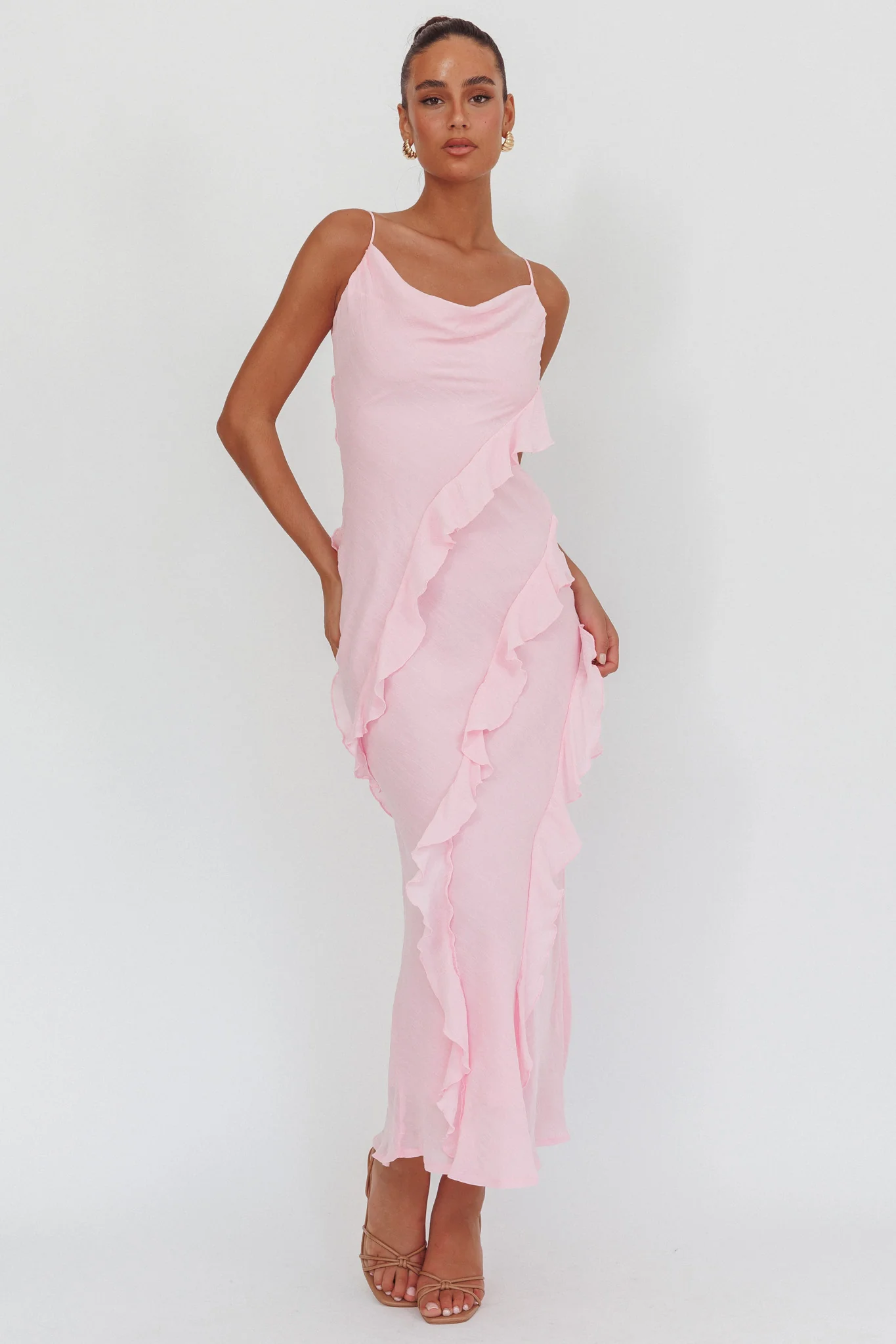 Panama Bay Ruffle Trim Cowl Neck Maxi Dress Pink - Sonourner
