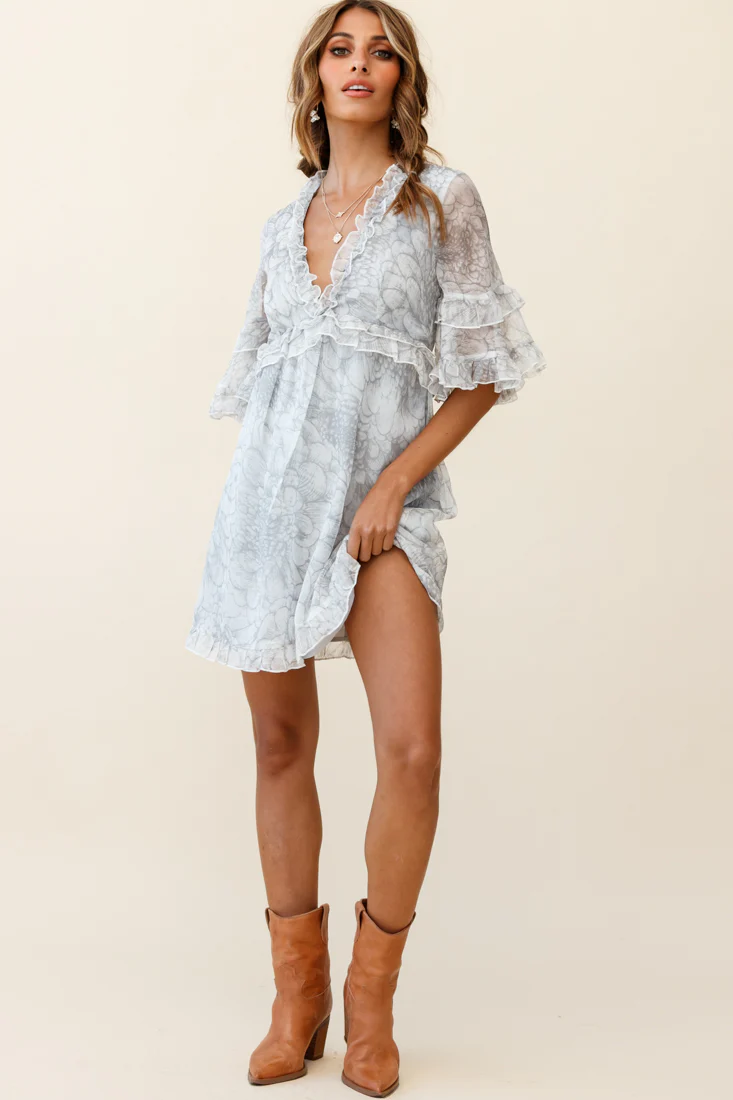 Gemma V-Neckline Frill Detail Dress Flower Print Grey - Sonourner
