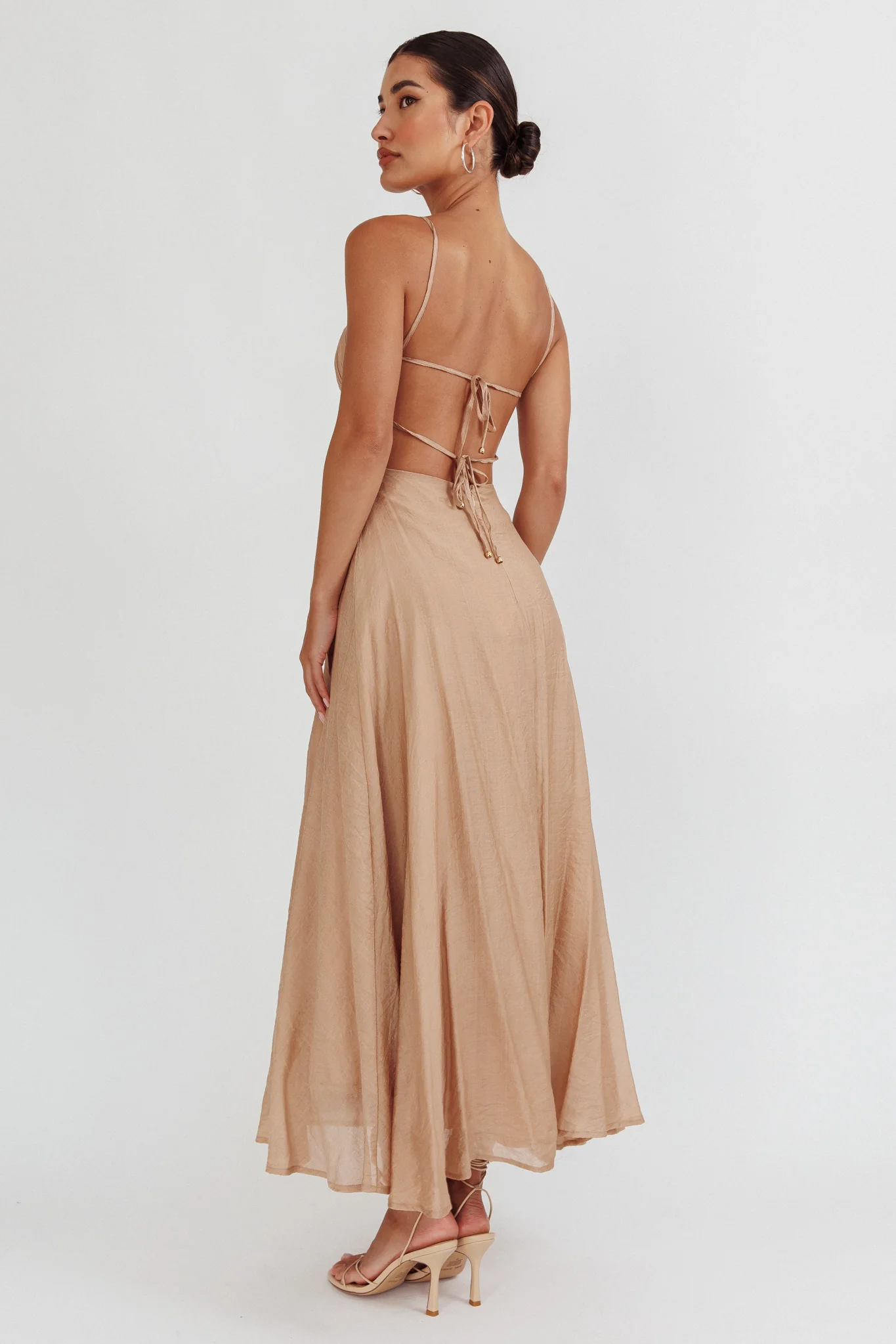 Echoes Tied Back A-Line Midi Dress Taupe - Sonourner