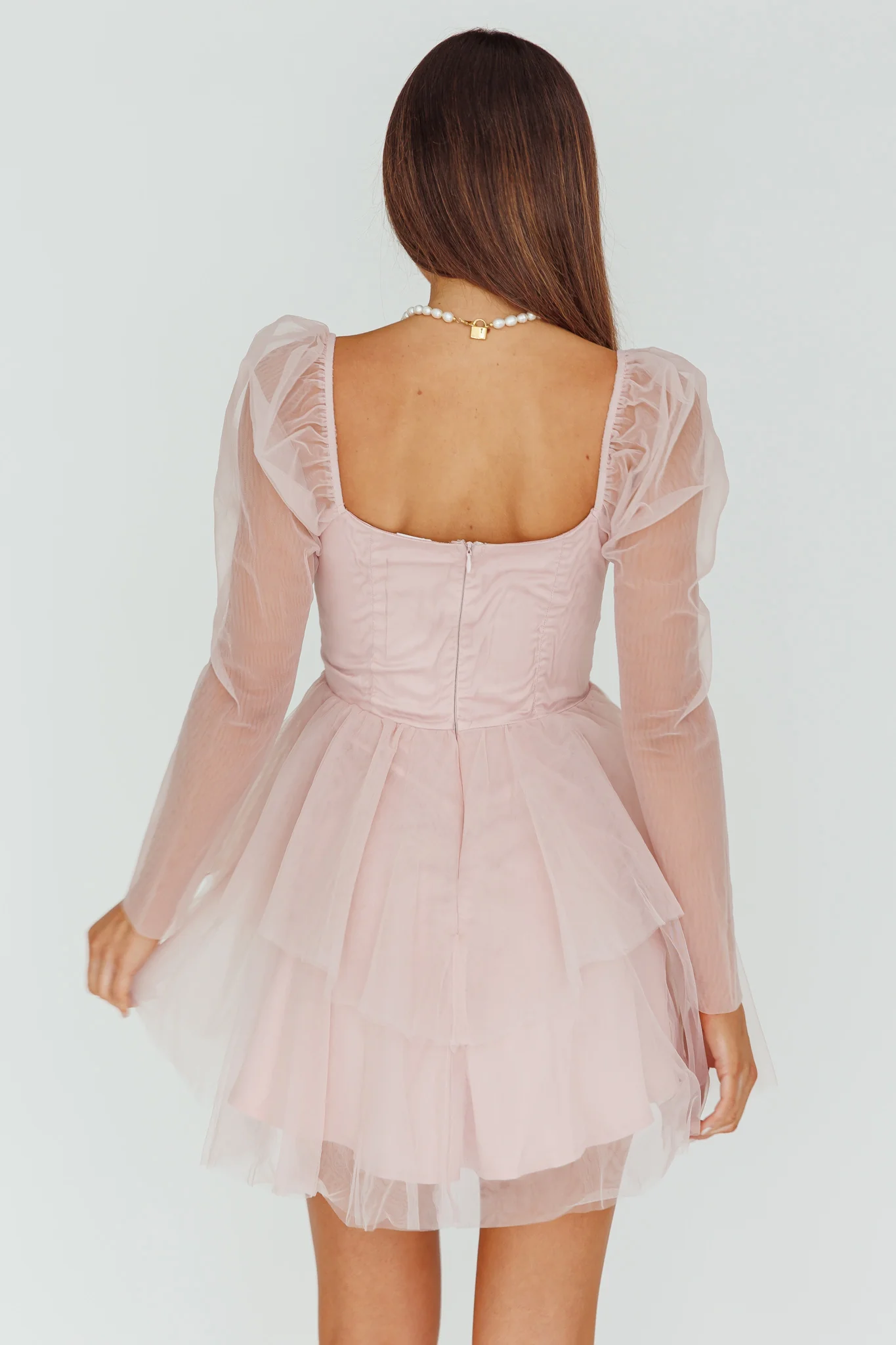 Veola Long Sleeve Tulle Mini Dress Blush - Sonourner