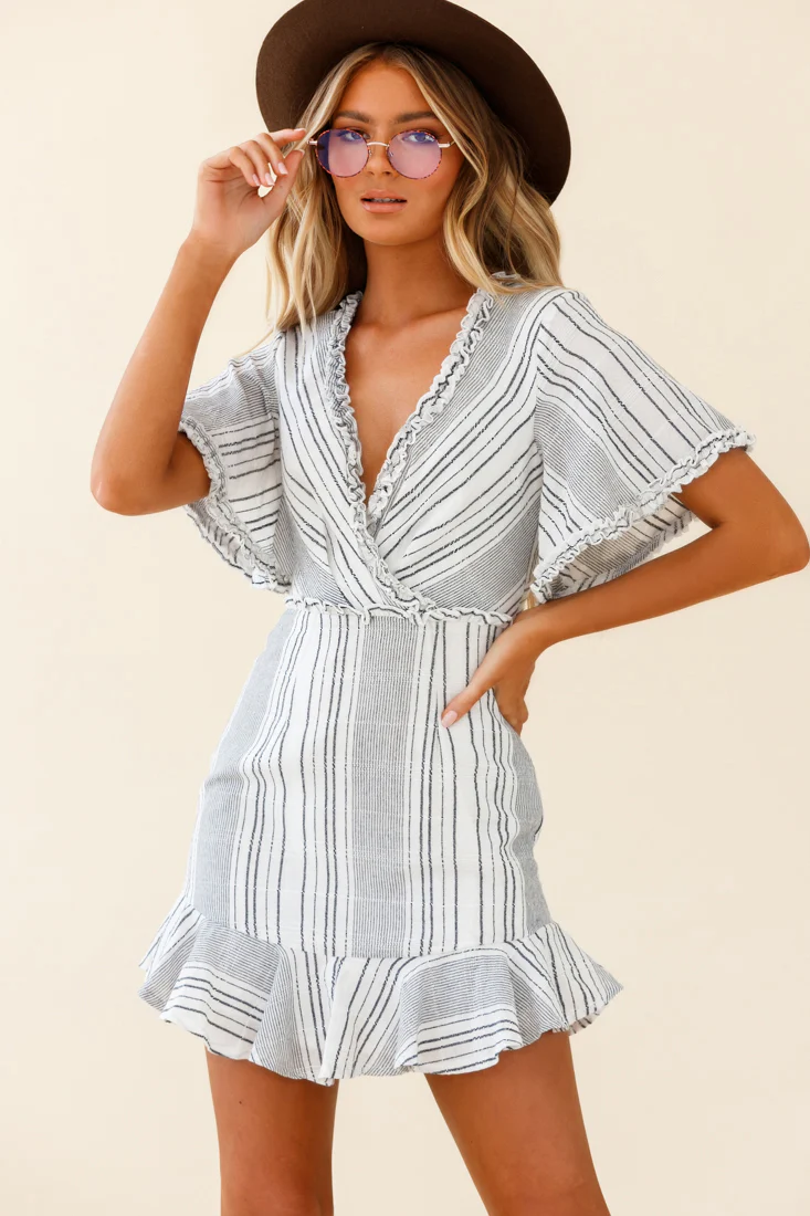 Ochre Open Back Bow Detail Dress Stripe Pattern White/Navy - Sonourner