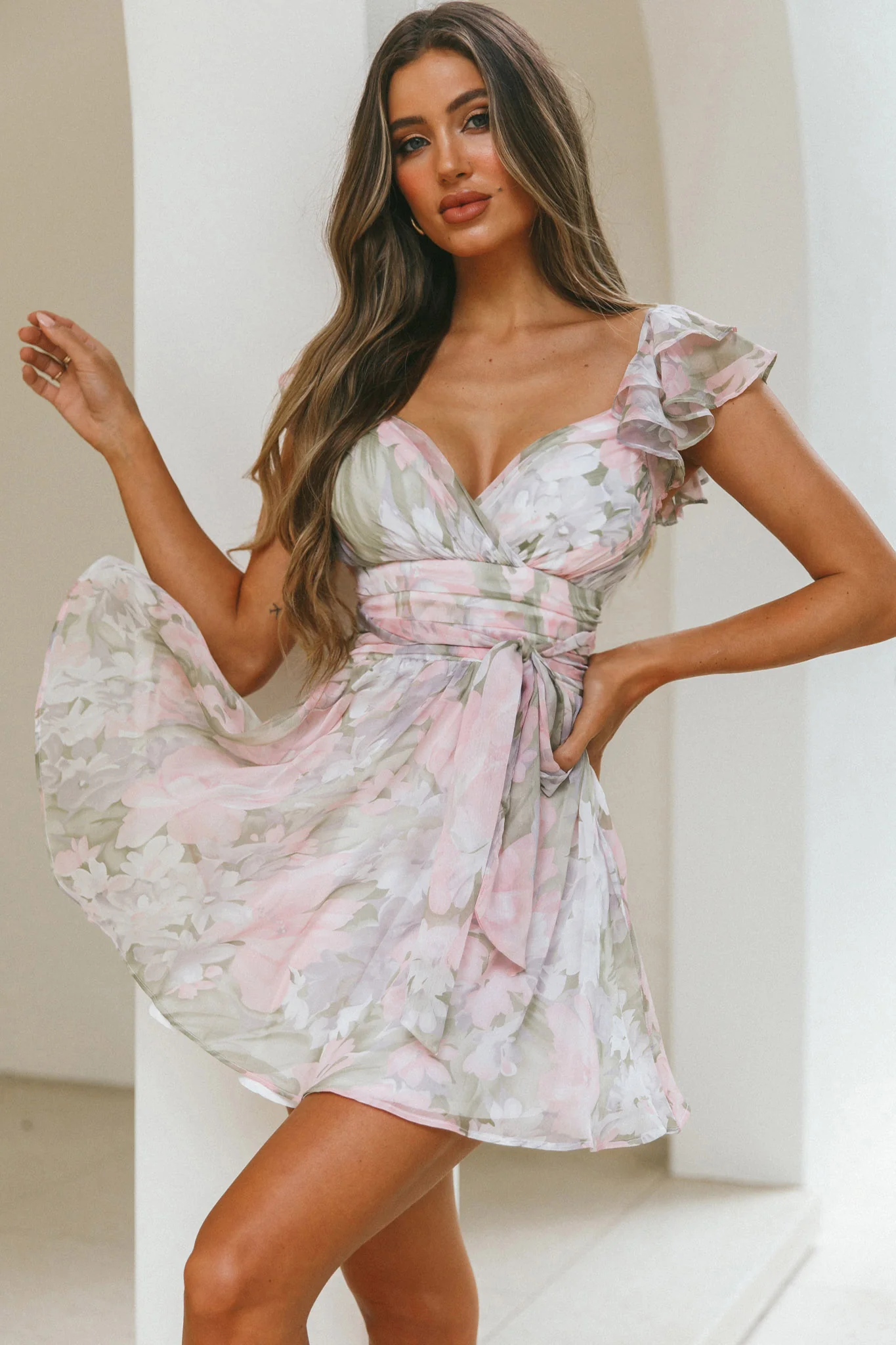 Lola Ruffle Shoulder Ruched Dress Watercolor Floral Pink Multi - Sonourner