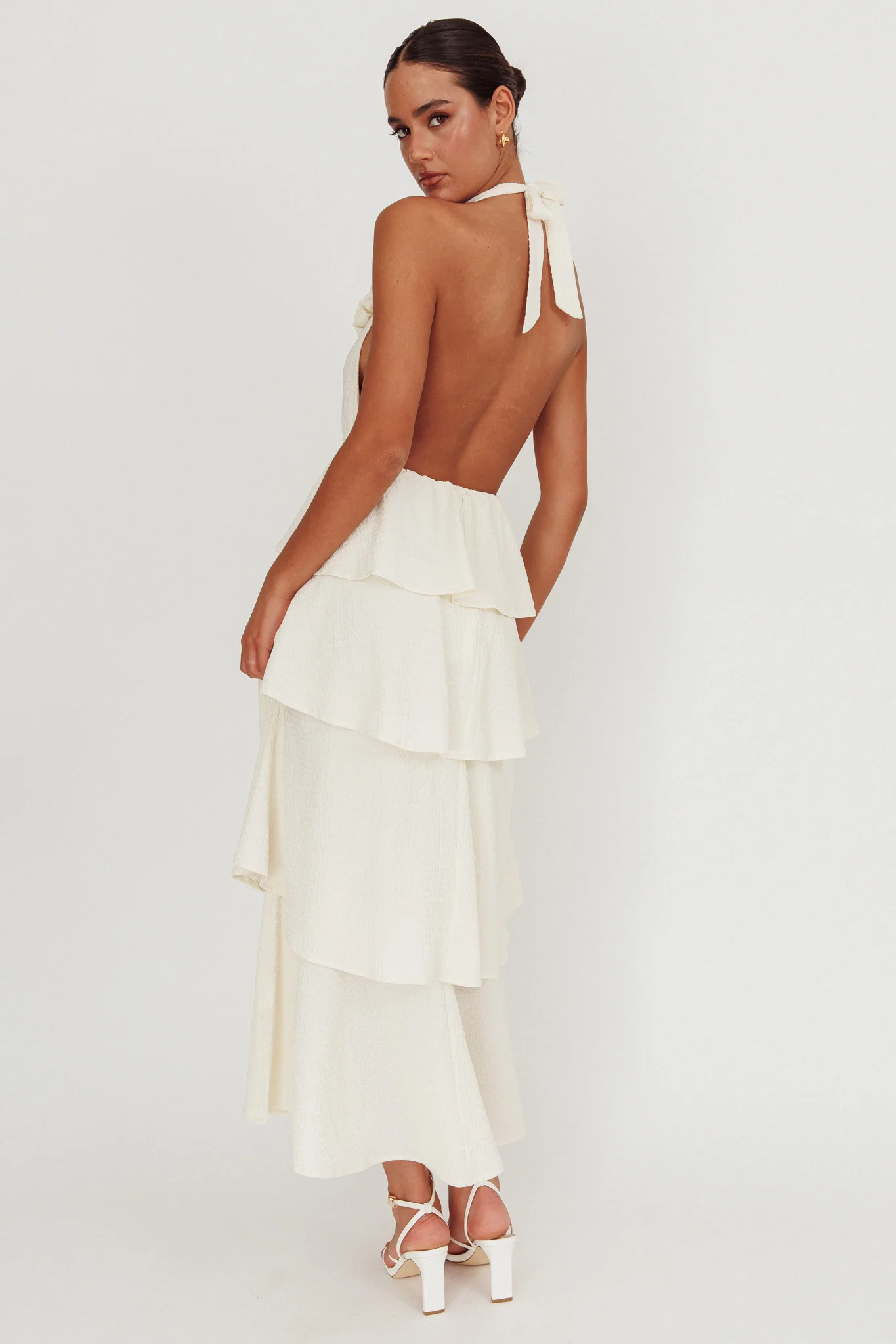 Kimberley Halter Neck Ruffle Maxi Dress Beige - Sonourner