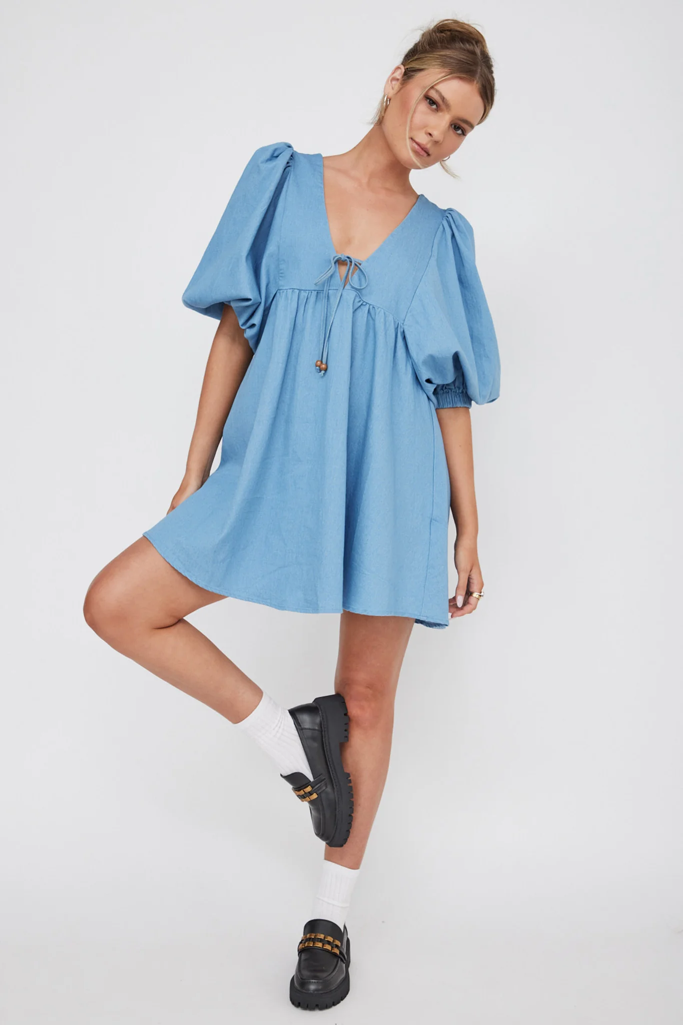 New Haven Puff Sleeve Swing Dress Denim - Sonourner