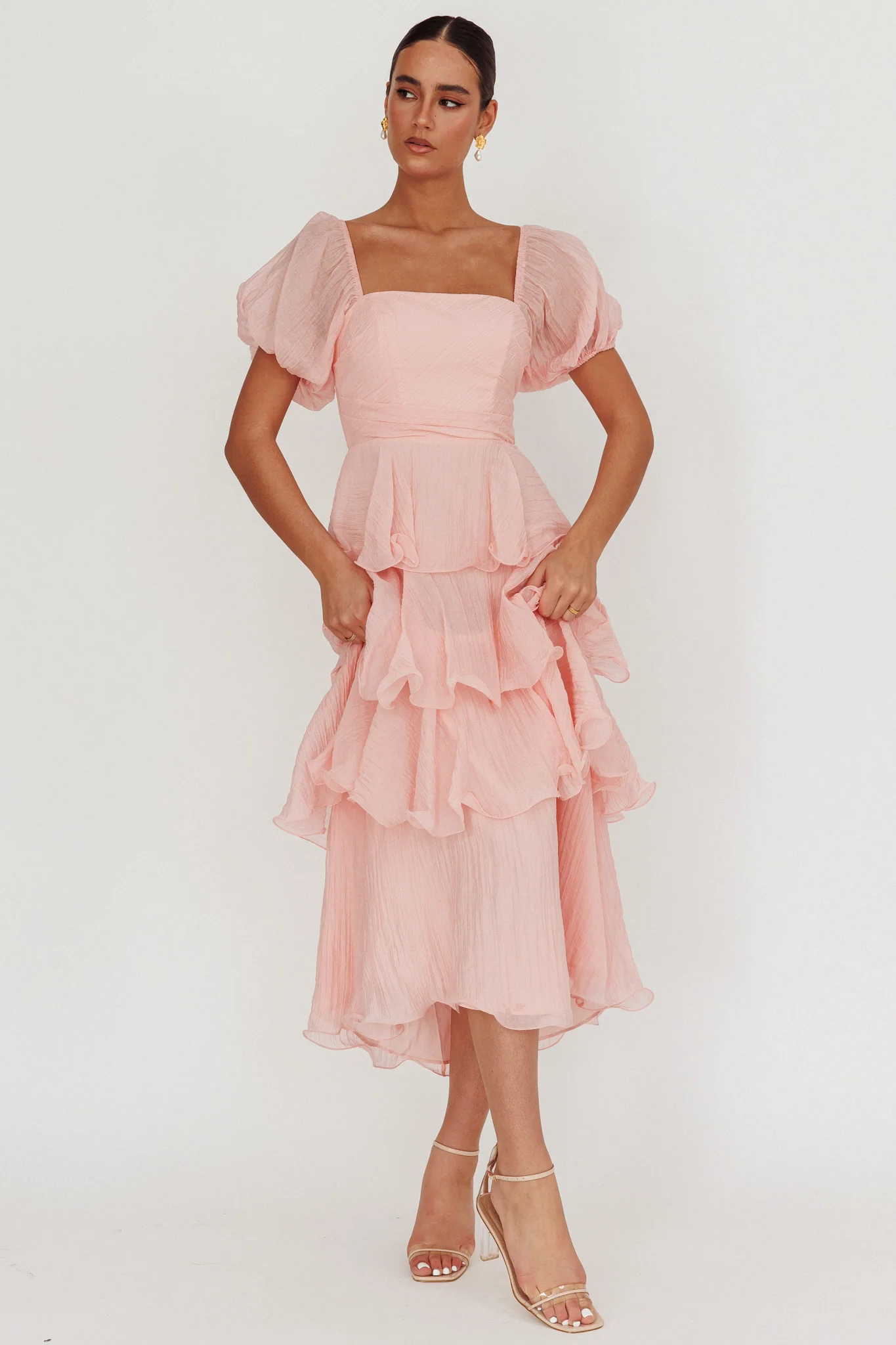 Giavana Puff Sleeve Layered Maxi Dress Baby Pink - Sonourner