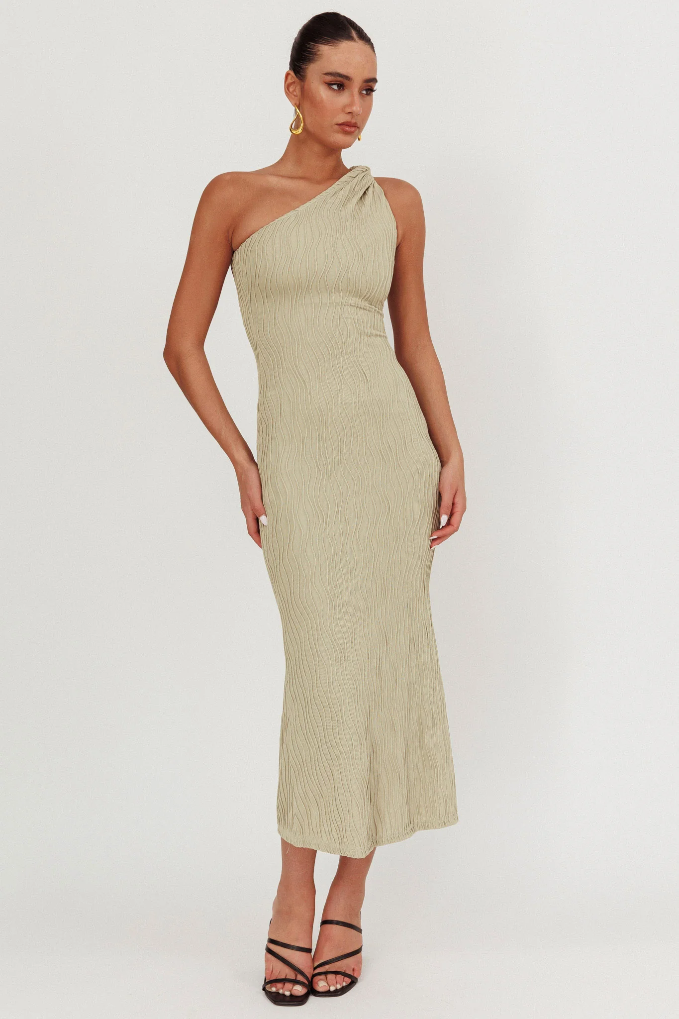 Lingering Love One-Shoulder Twist Midi Dress Sage - Sonourner