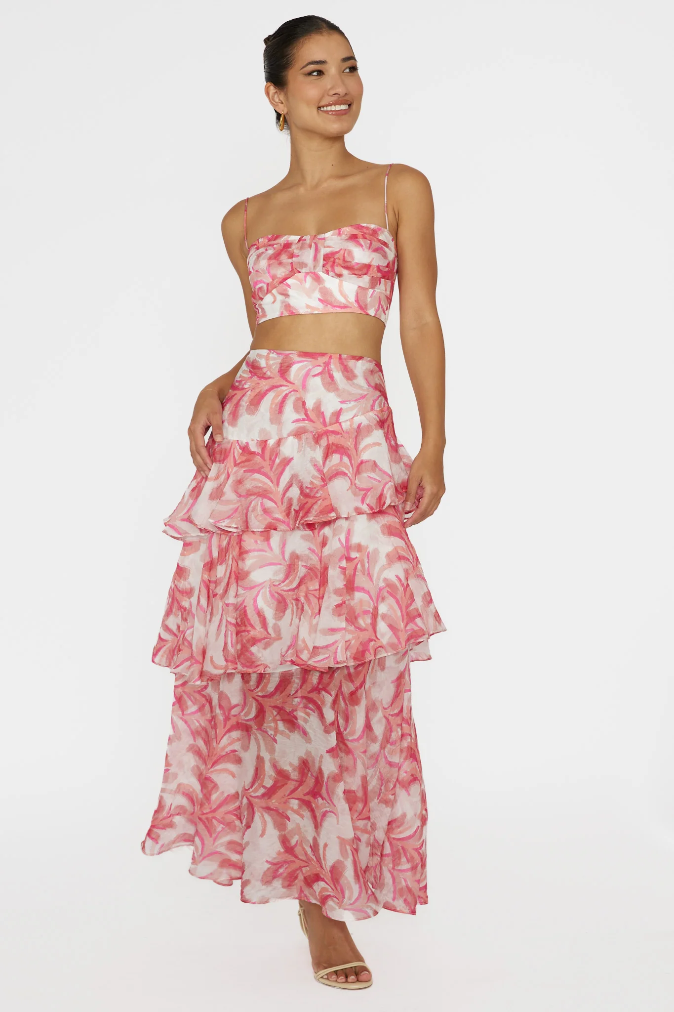 Veda Tiered Ruffle Maxi Skirt Floral Pink - Sonourner