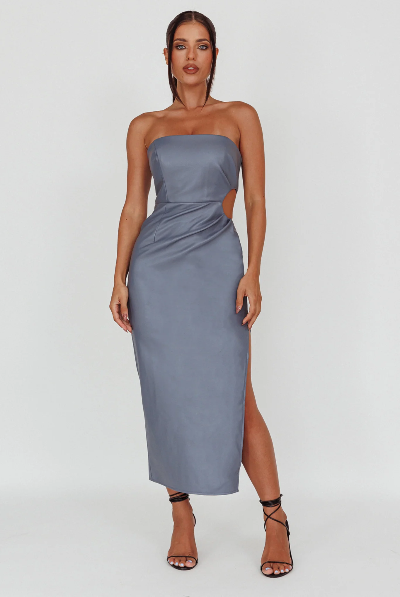 Taking Bets Strapless Midi Dress Leather Midnight Blue - Sonourner