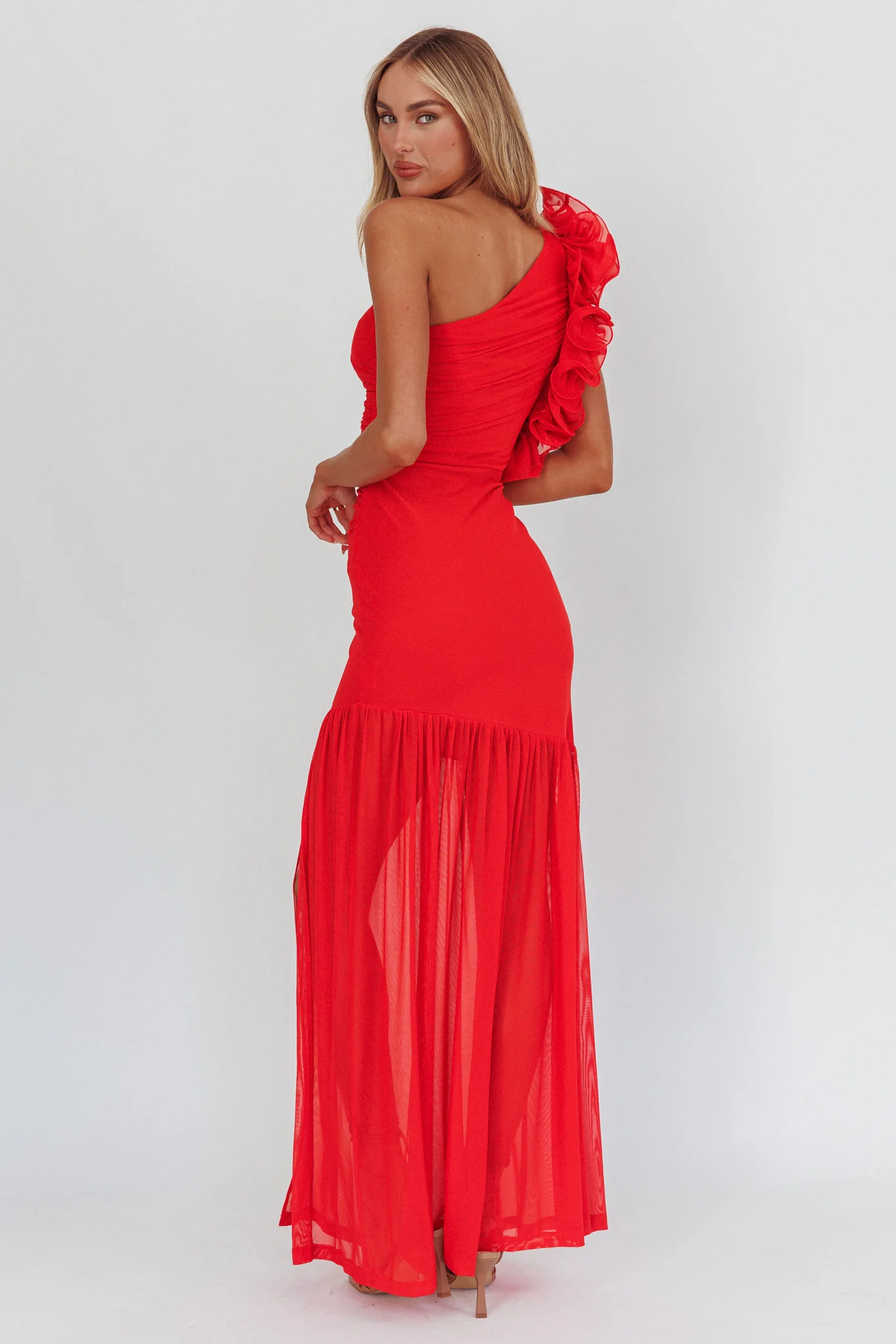 Deanna One-Shoulder Sheer Hem Maxi Dress Red - Sonourner