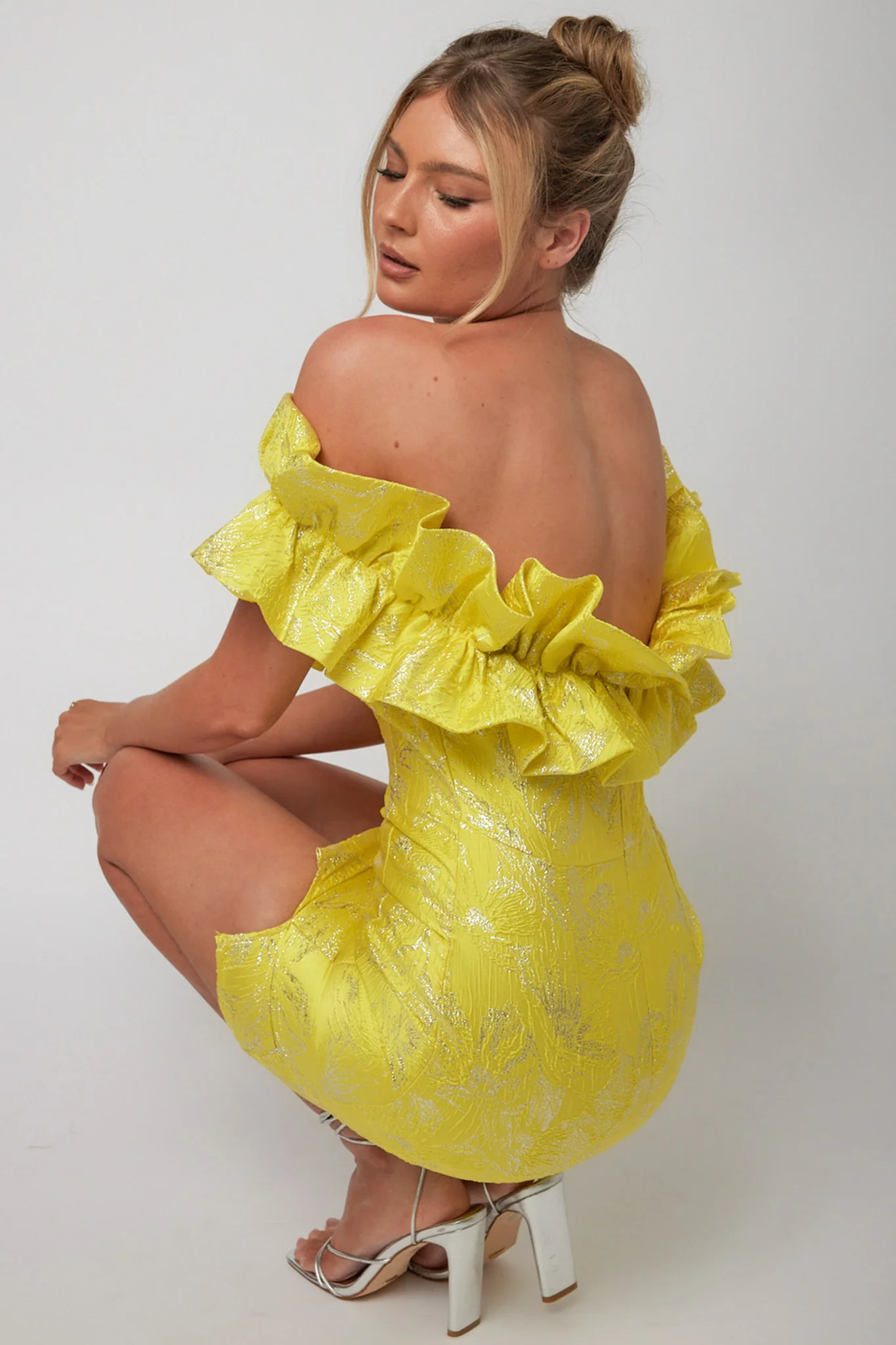 Memoire Off-Shoulder Jacquard Mini Dress Yellow - Sonourner