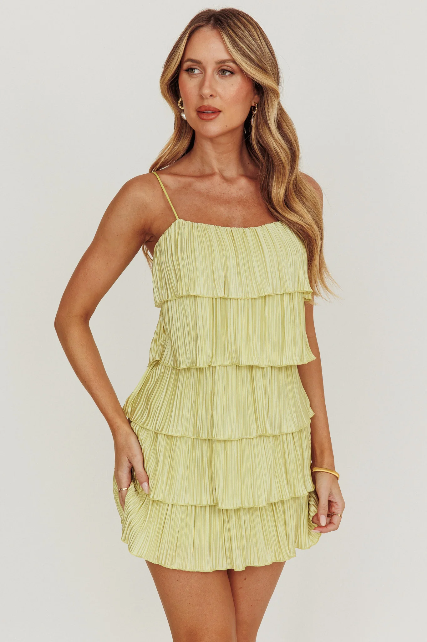 My Type Plisse Tiered Mini Dress Sage - Sonourner