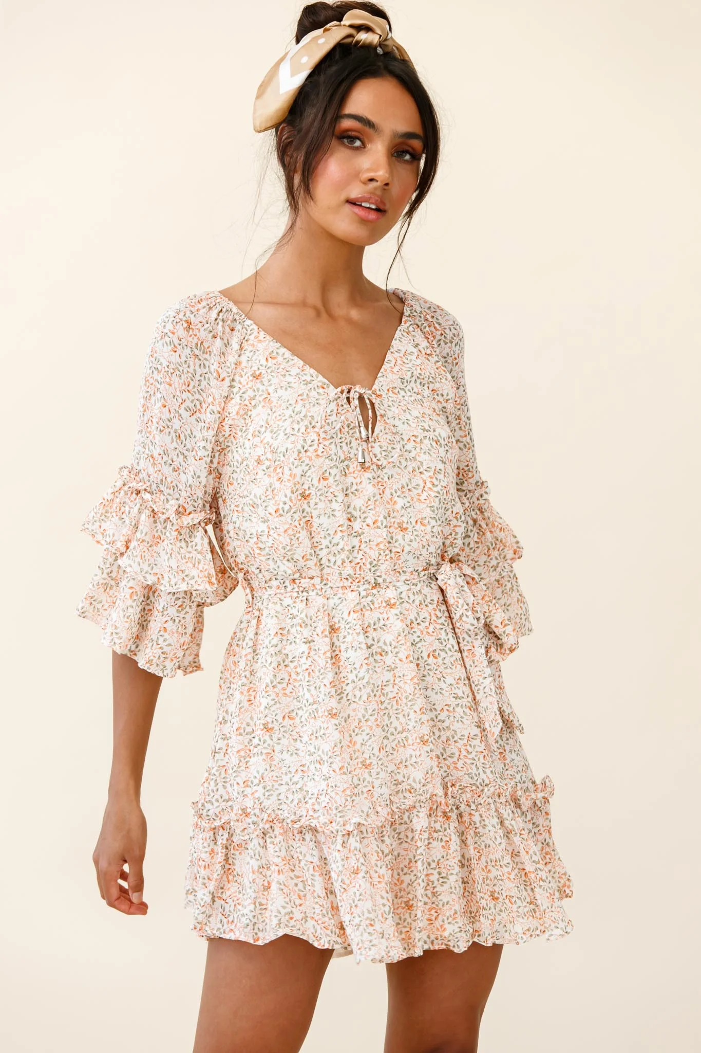 Forever Sunshine Flared Sleeve Waist Tie Dress Floral Print Nude - Sonourner
