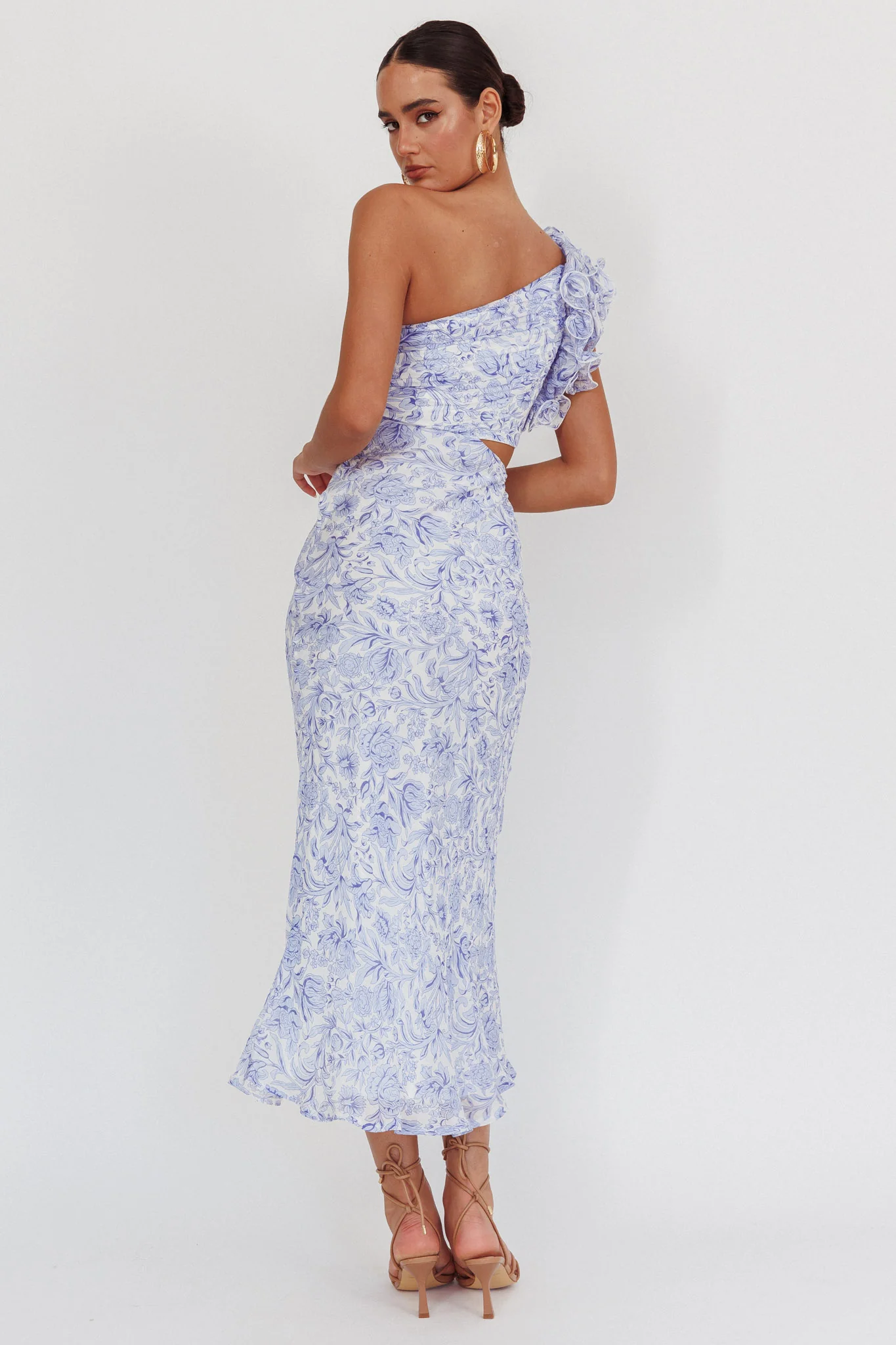 Deanna One-Shoulder Ruffle Midi Dress Floral Blue - Sonourner