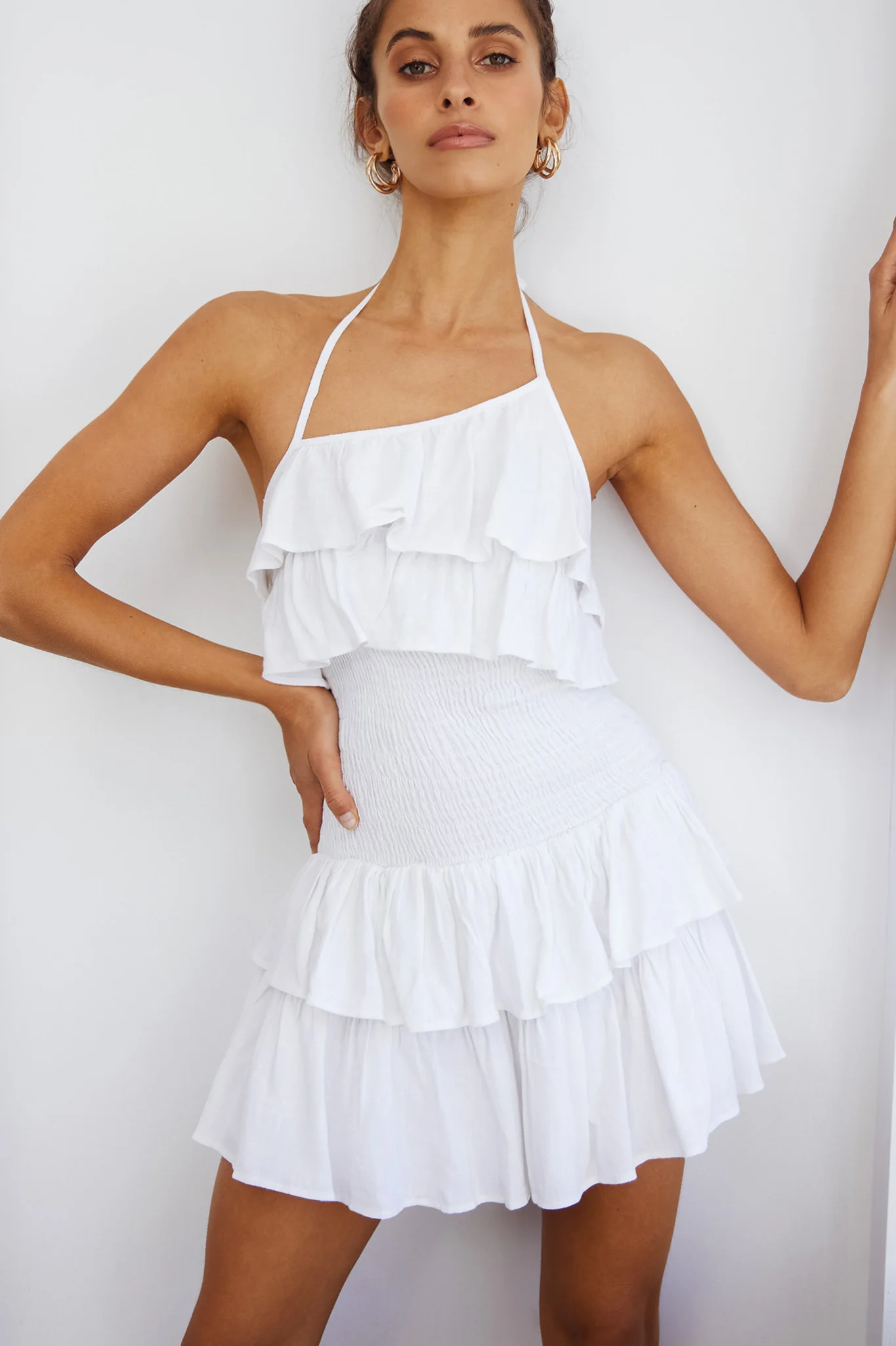 Kristy Halterneck Shirred Bodice Ruffle Mini Dress White - Sonourner