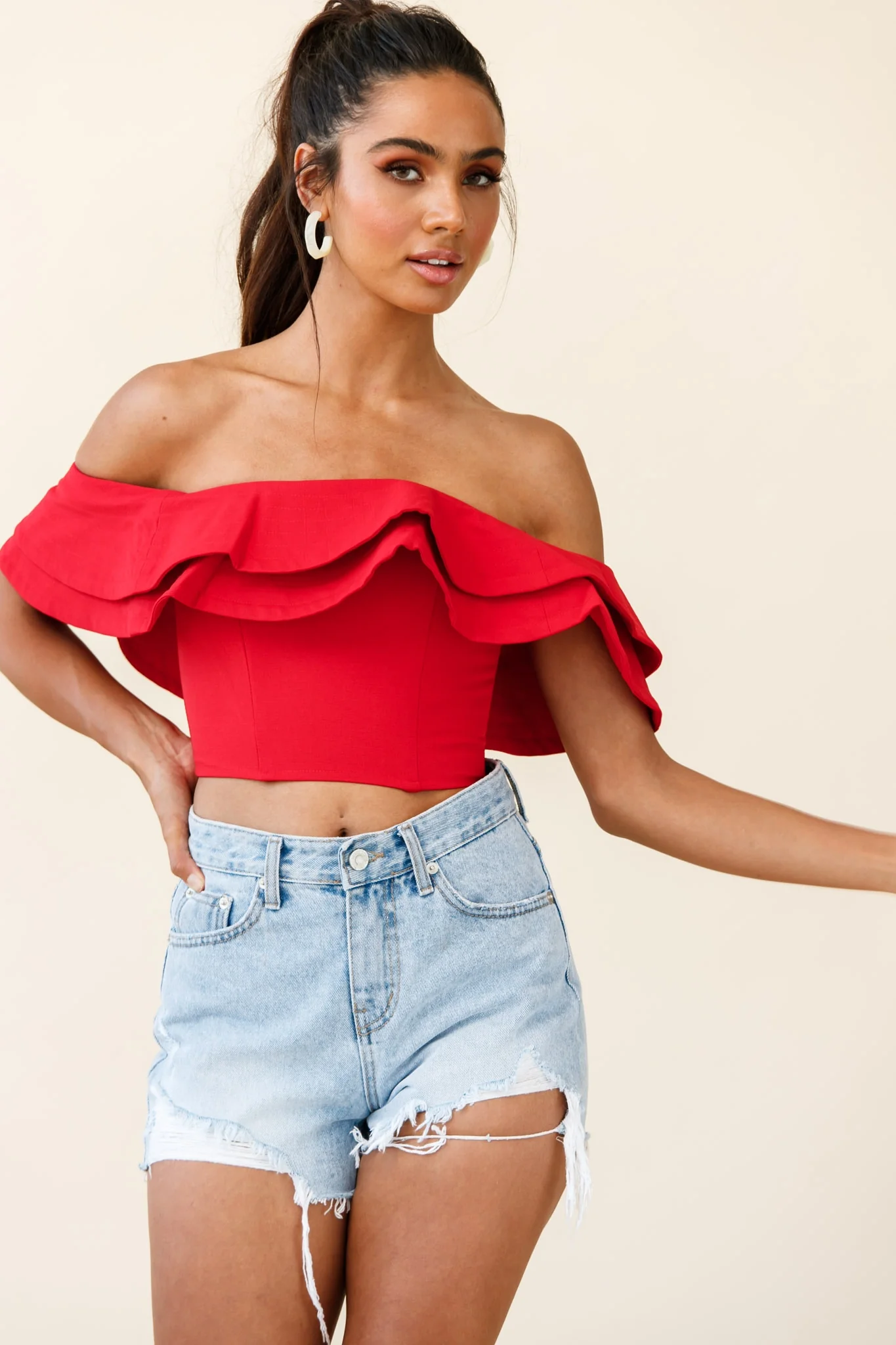 Missy Layered Ruffle Bardot Top Red - Sonourner