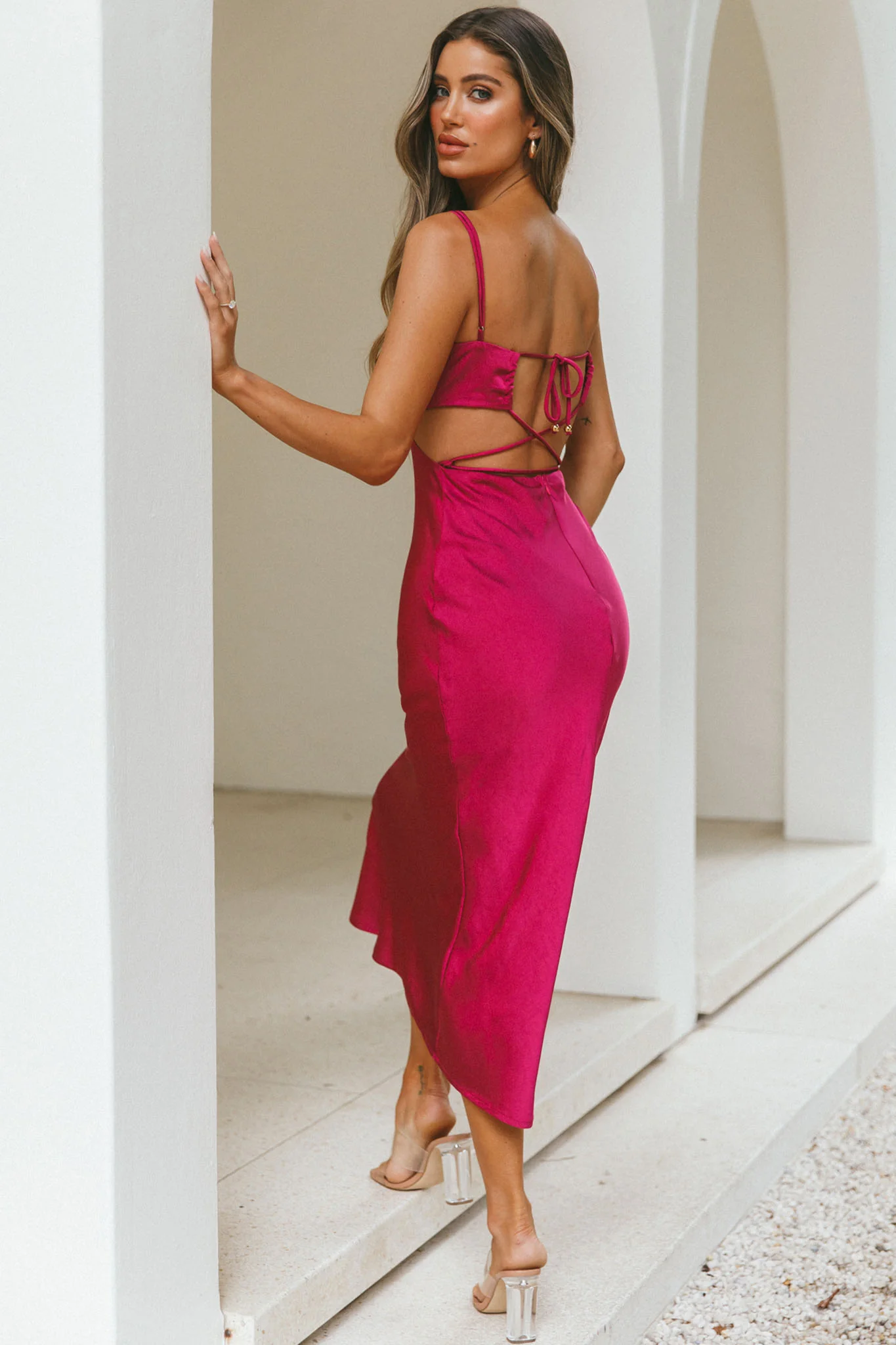 City Lights Cut-Out Waist Strappy Back Midi Dress Fuchsia - Sonourner
